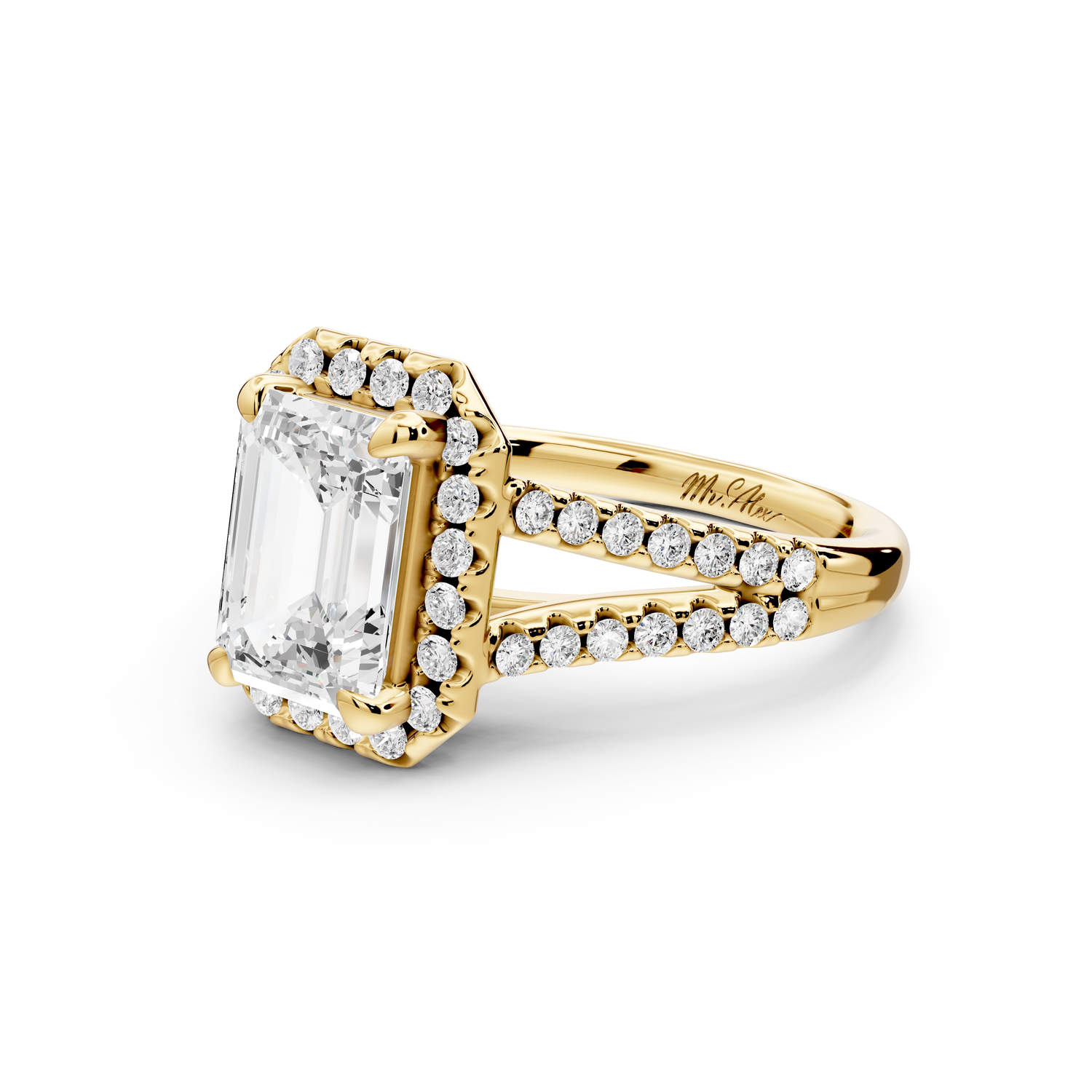 Gabrielle - 2ct 14k yellow gold emerald Diamond Graduated Halo Pavé Split Shank Engagement Ring