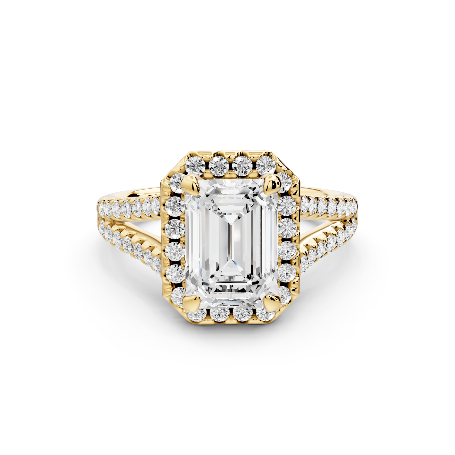 Gabrielle - 2ct 14k yellow gold emerald Diamond Graduated Halo Pavé Split Shank Engagement Ring