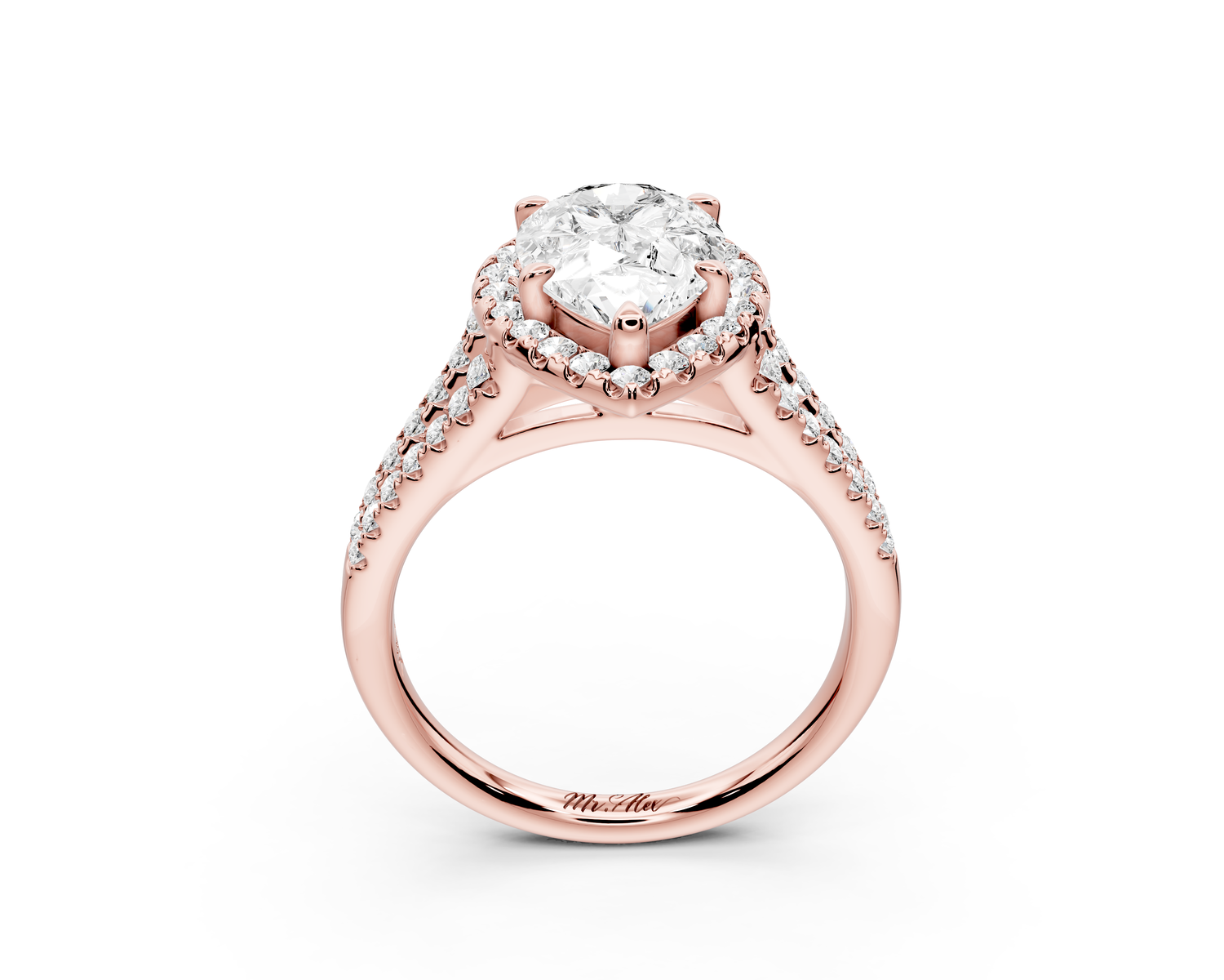 Gabrielle - 2ct 14k rose gold pear Diamond Graduated Halo Pavé Split Shank Engagement Ring