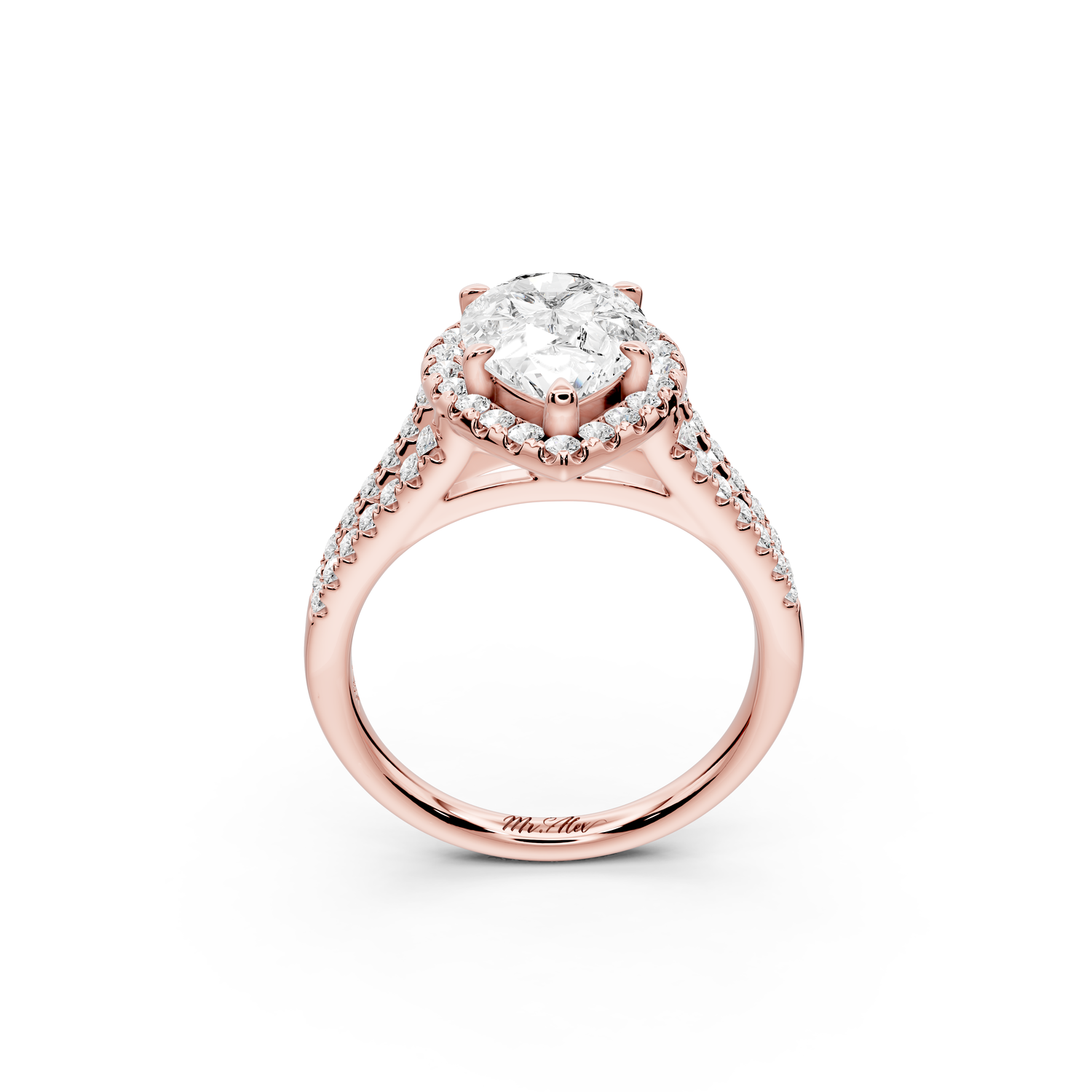 Gabrielle - 2ct 14k rose gold pear Diamond Graduated Halo Pavé Split Shank Engagement Ring