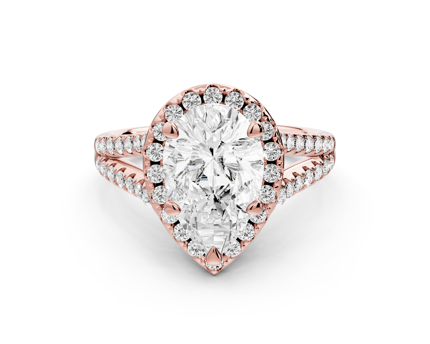 Gabrielle - 2ct 14k rose gold pear Diamond Graduated Halo Pavé Split Shank Engagement Ring