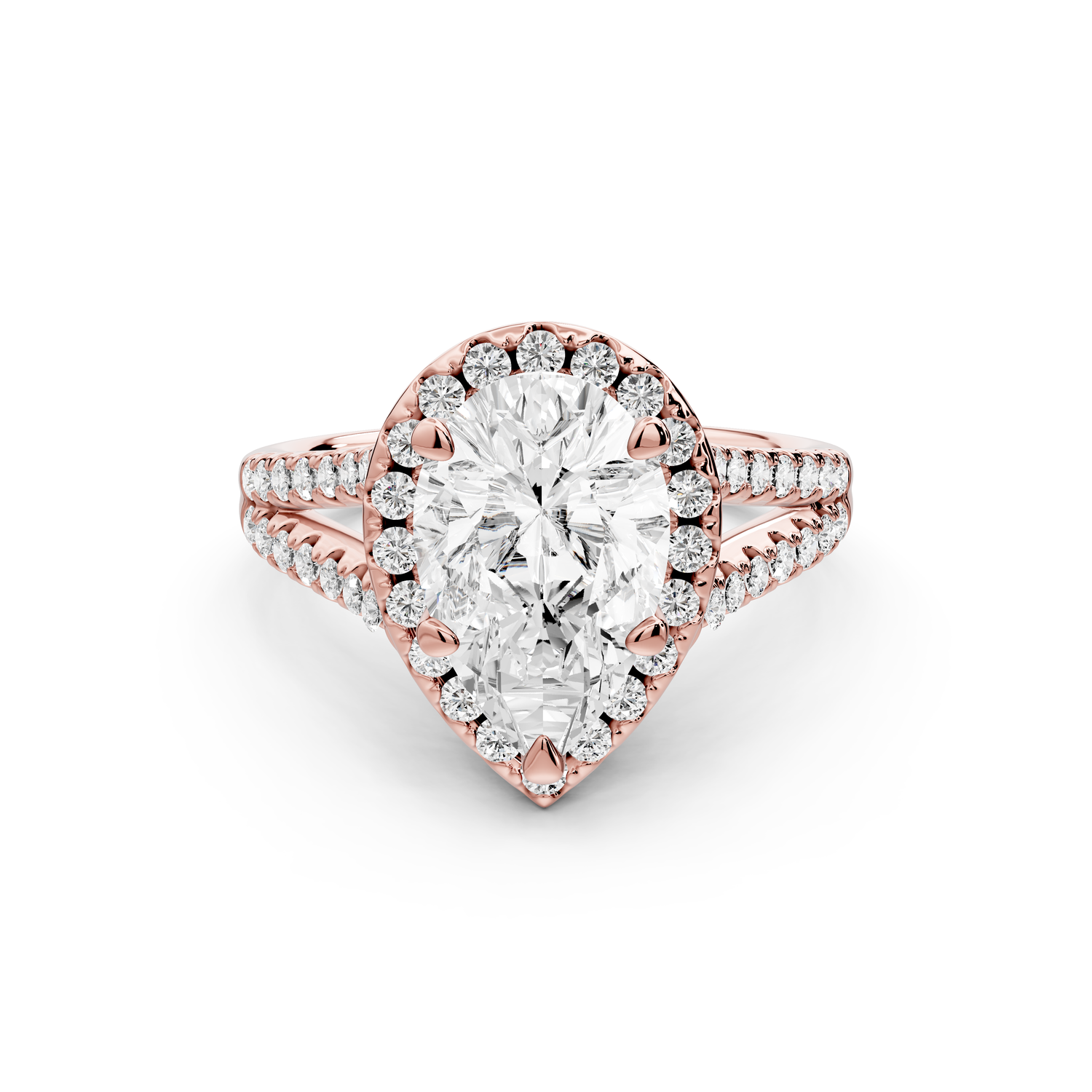 Gabrielle - 2ct 14k rose gold pear Diamond Graduated Halo Pavé Split Shank Engagement Ring