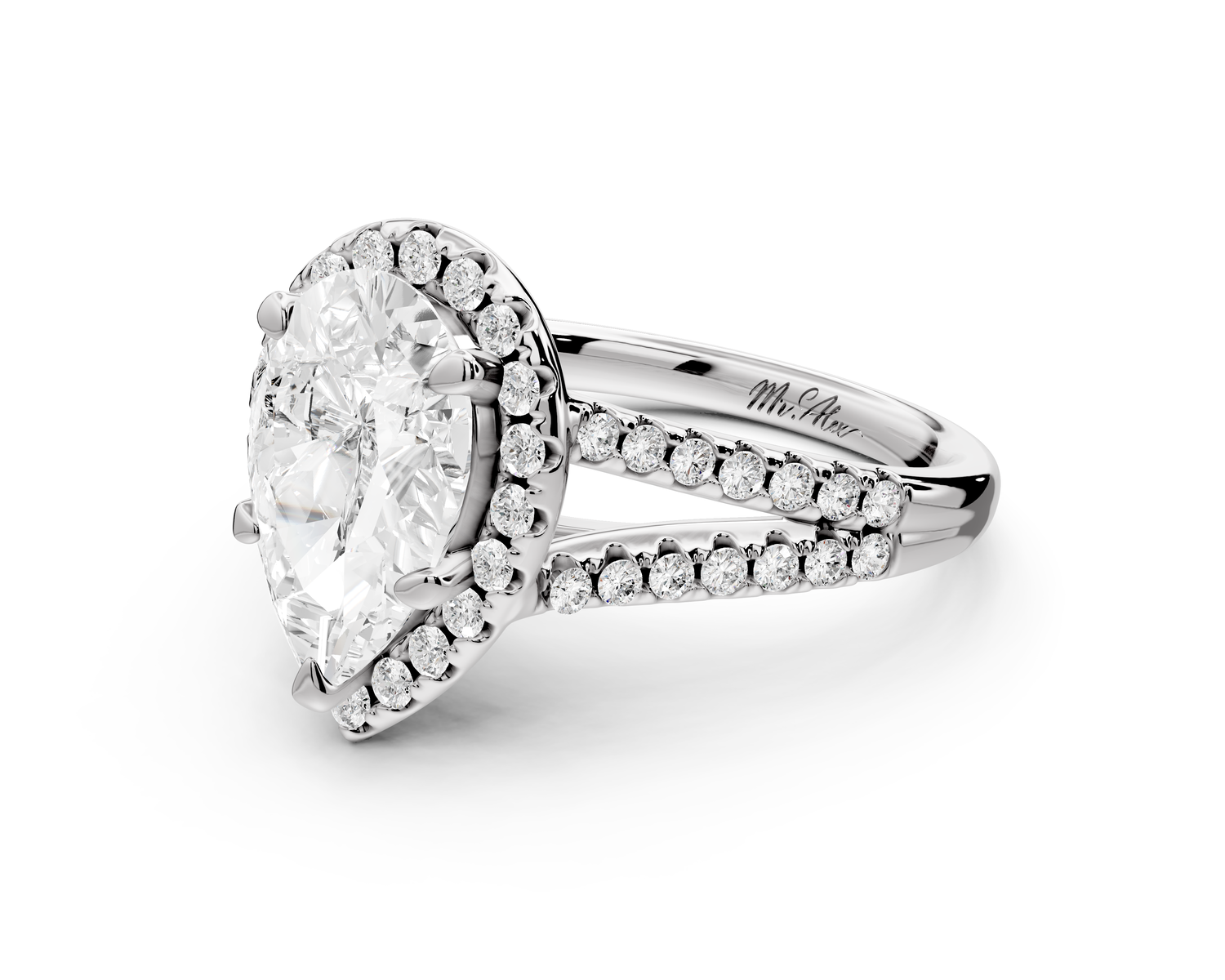 Gabrielle - 2ct 14k white gold pear Diamond Graduated Halo Pavé Split Shank Engagement Ring