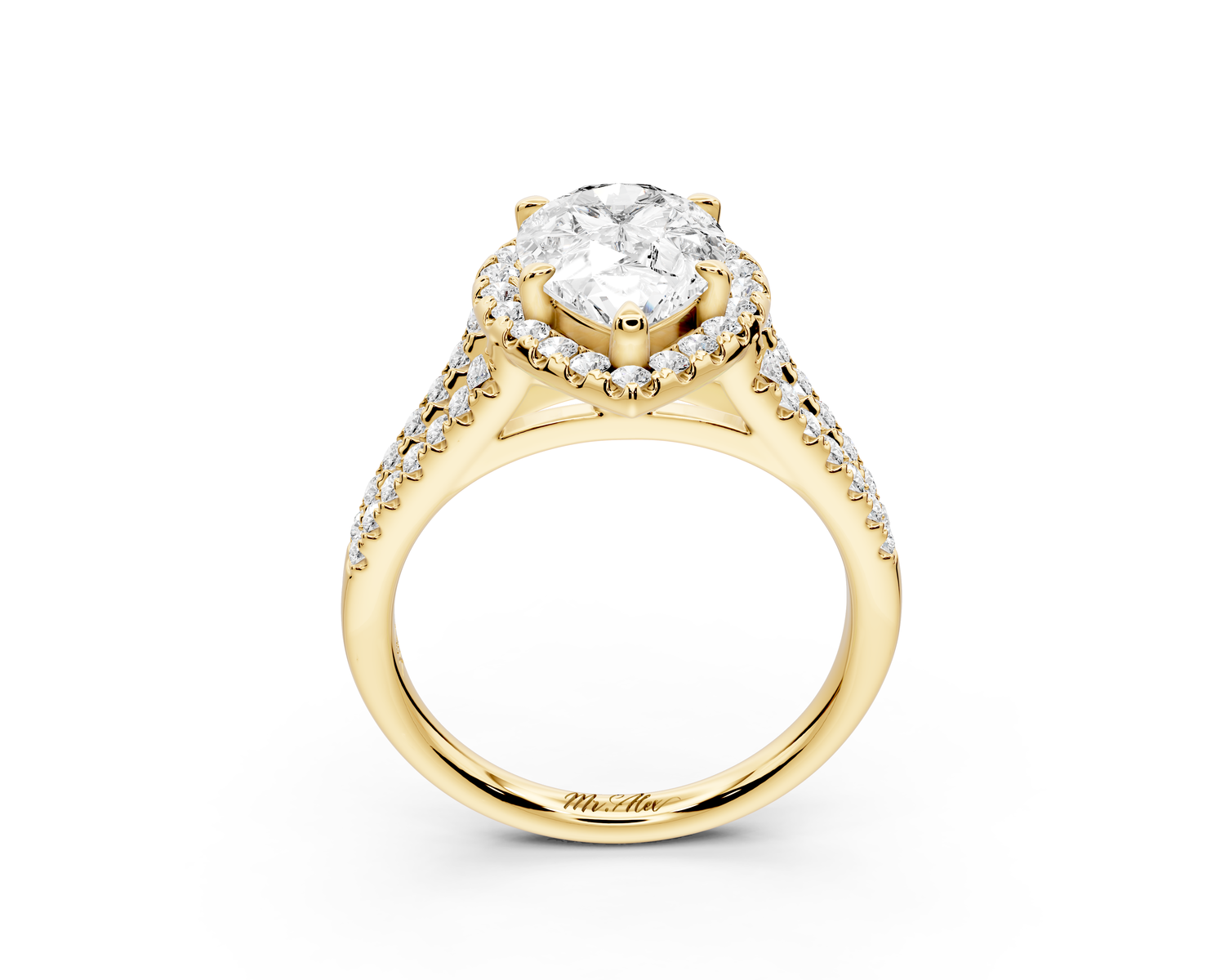 Gabrielle - 2ct 14k yellow gold pear Diamond Graduated Halo Pavé Split Shank Engagement Ring