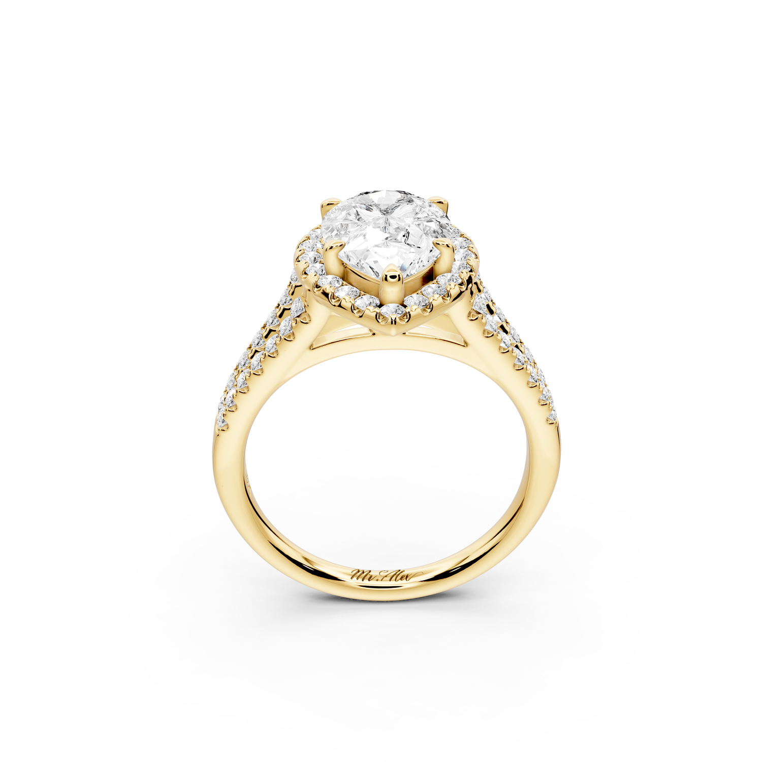 Gabrielle - 2ct 14k yellow gold pear Diamond Graduated Halo Pavé Split Shank Engagement Ring