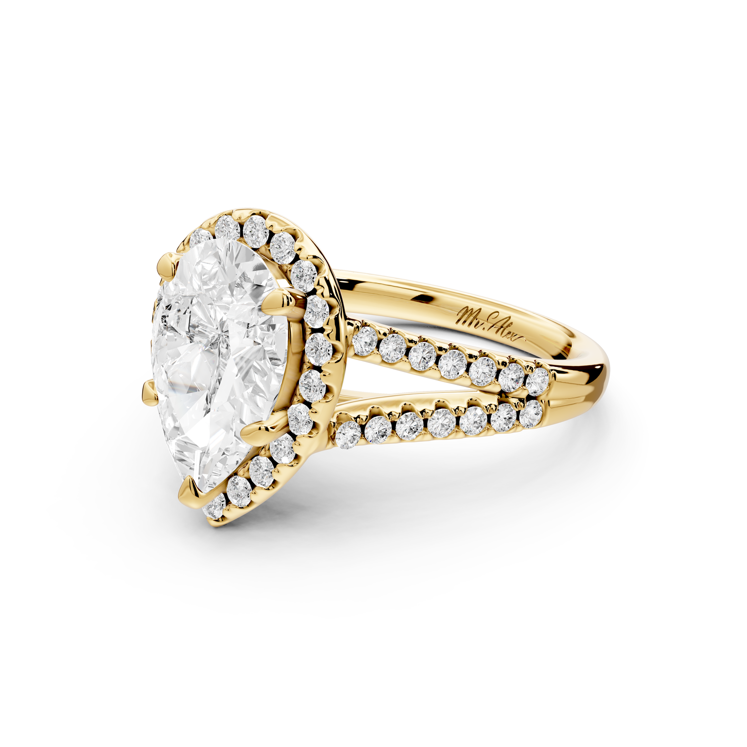 Gabrielle - 2ct 14k yellow gold pear Diamond Graduated Halo Pavé Split Shank Engagement Ring