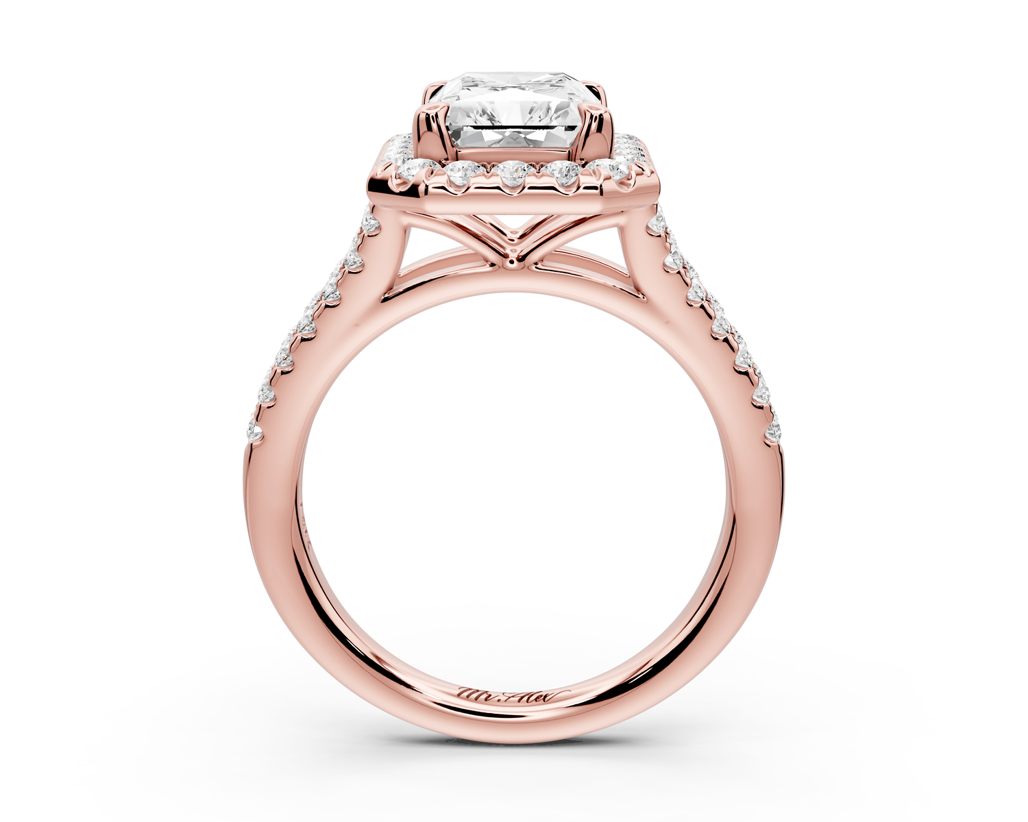 Gabrielle - 3ct 14k rose gold emerald Diamond Graduated Halo Pavé Split Shank Engagement Ring