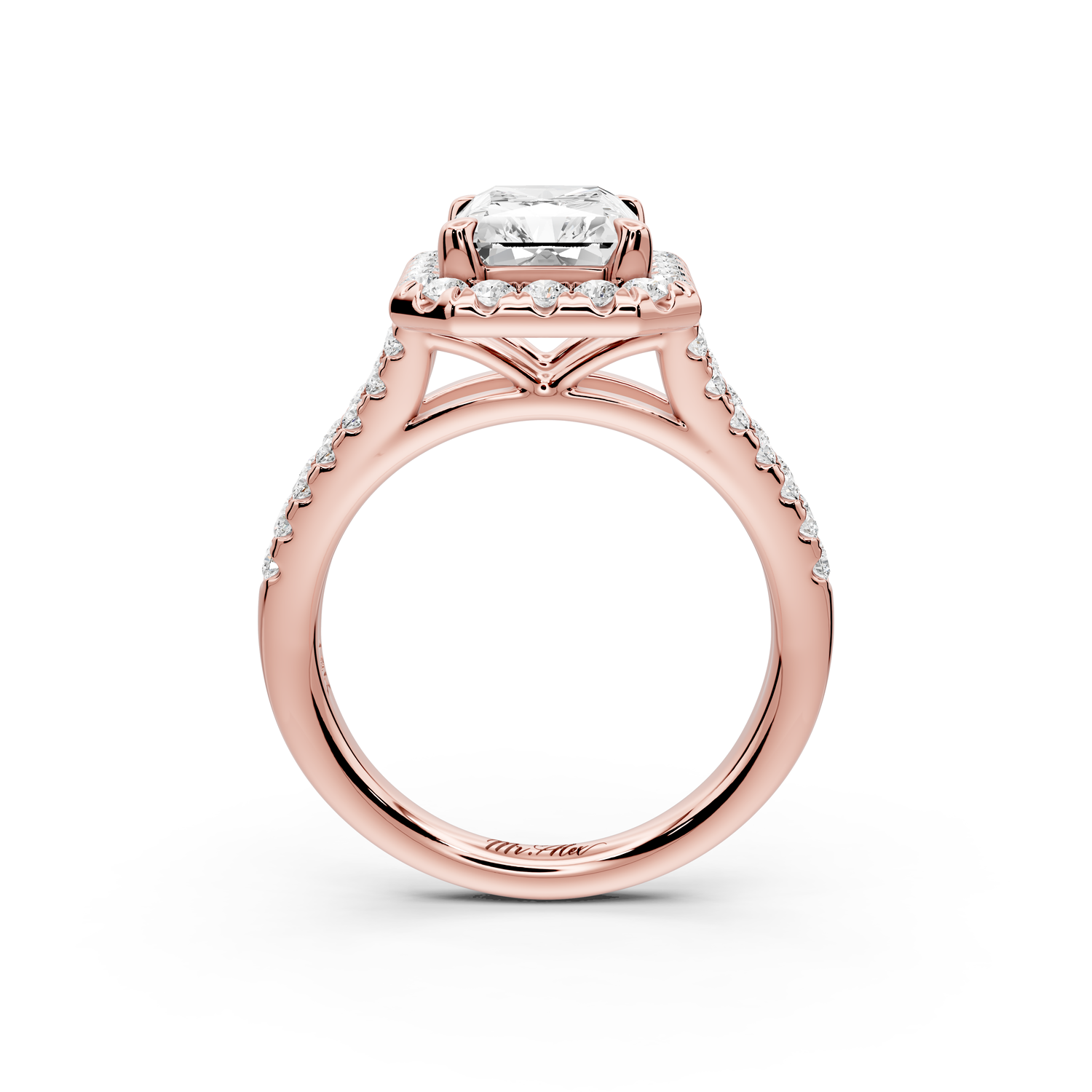 Gabrielle - 3ct 14k rose gold emerald Diamond Graduated Halo Pavé Split Shank Engagement Ring
