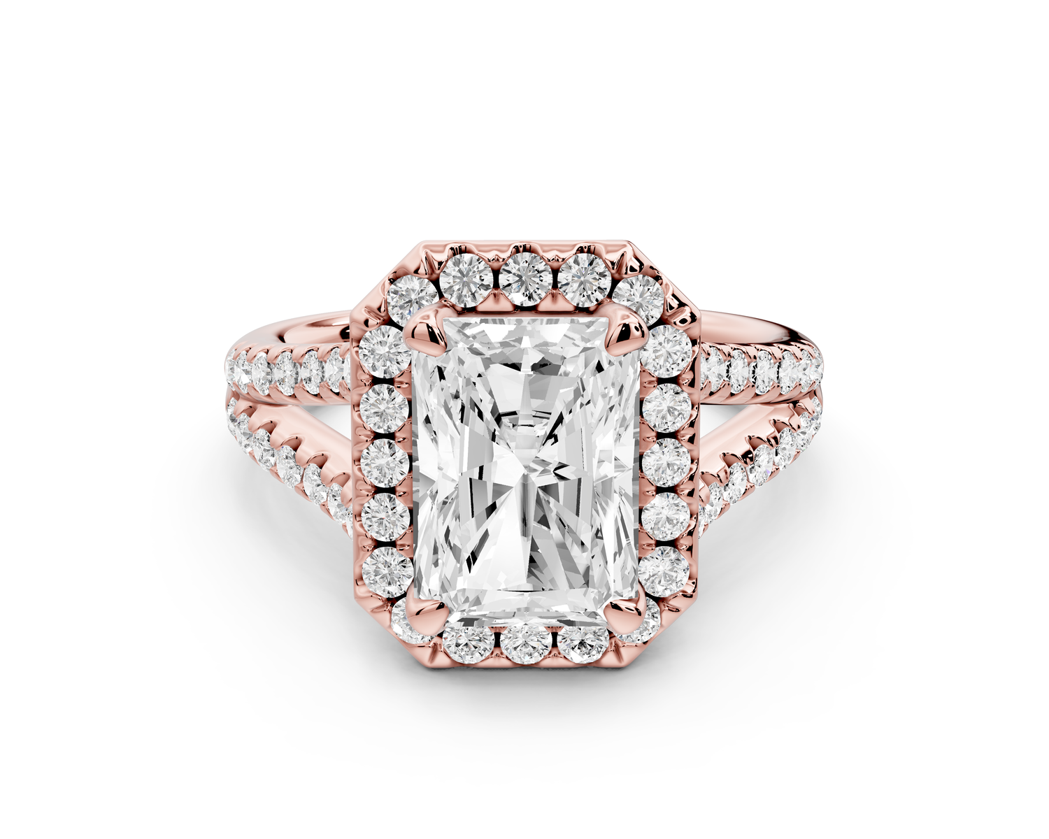 Gabrielle - 3ct 14k rose gold emerald Diamond Graduated Halo Pavé Split Shank Engagement Ring