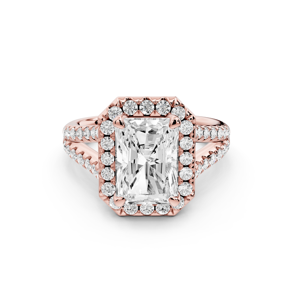Gabrielle - 3ct 14k rose gold emerald Diamond Graduated Halo Pavé Split Shank Engagement Ring