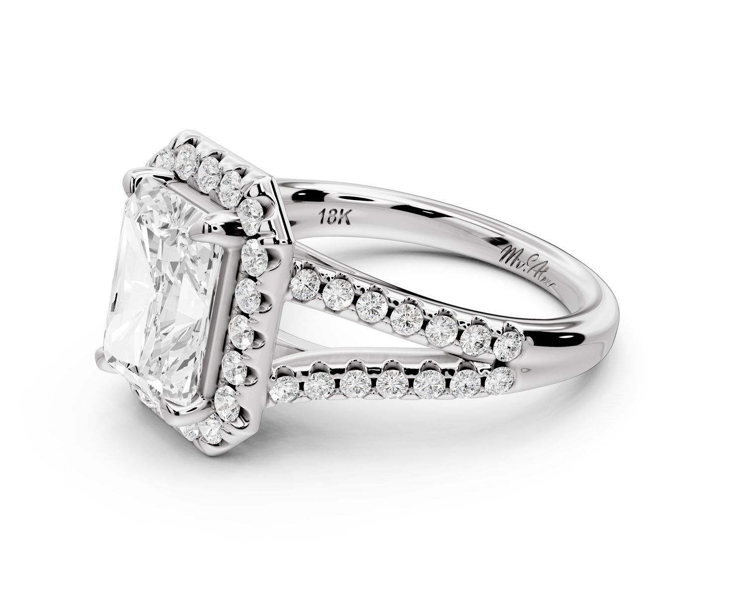 Gabrielle - 3ct 14k white gold emerald Diamond Graduated Halo Pavé Split Shank Engagement Ring
