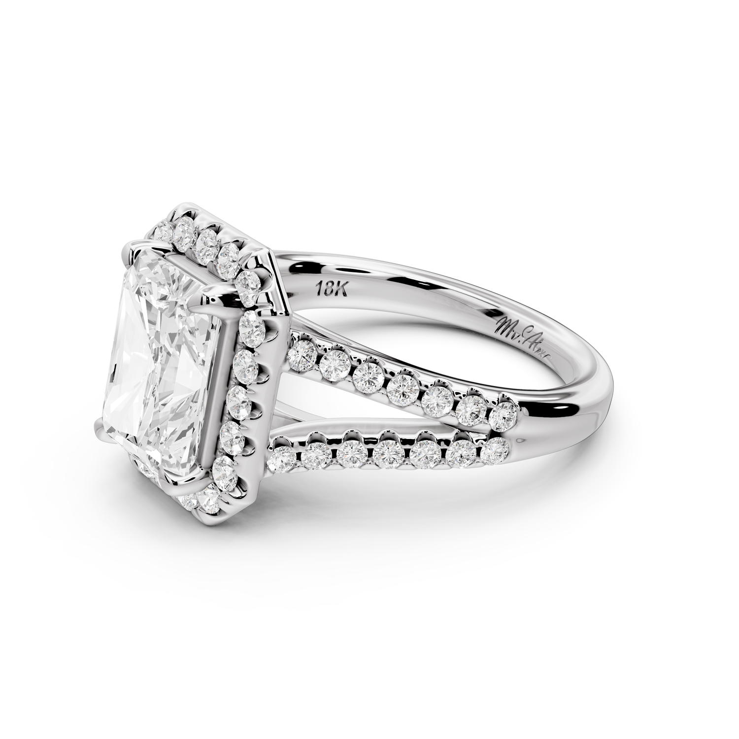 Gabrielle - 3ct 14k white gold emerald Diamond Graduated Halo Pavé Split Shank Engagement Ring