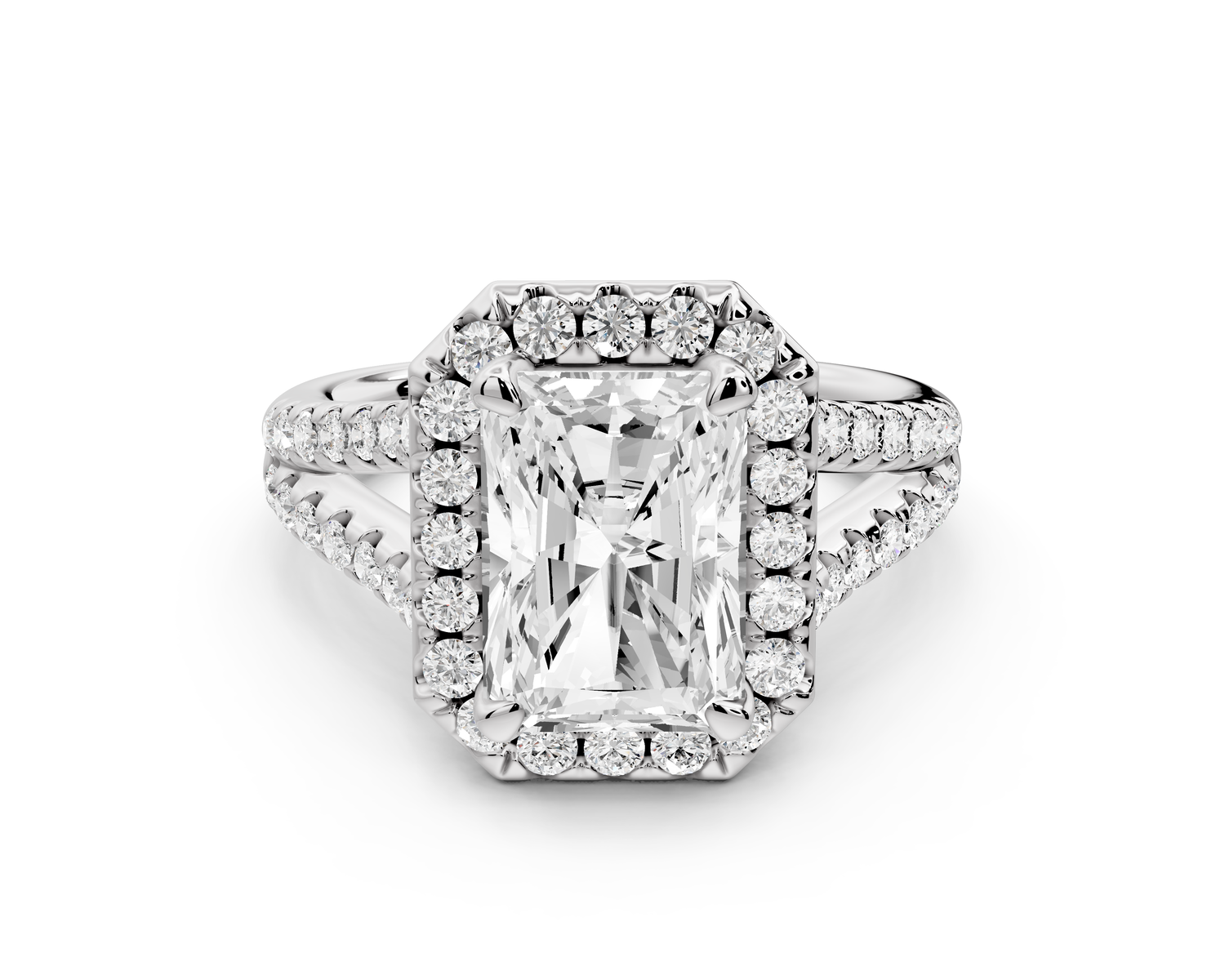 Gabrielle - 3ct 14k white gold emerald Diamond Graduated Halo Pavé Split Shank Engagement Ring