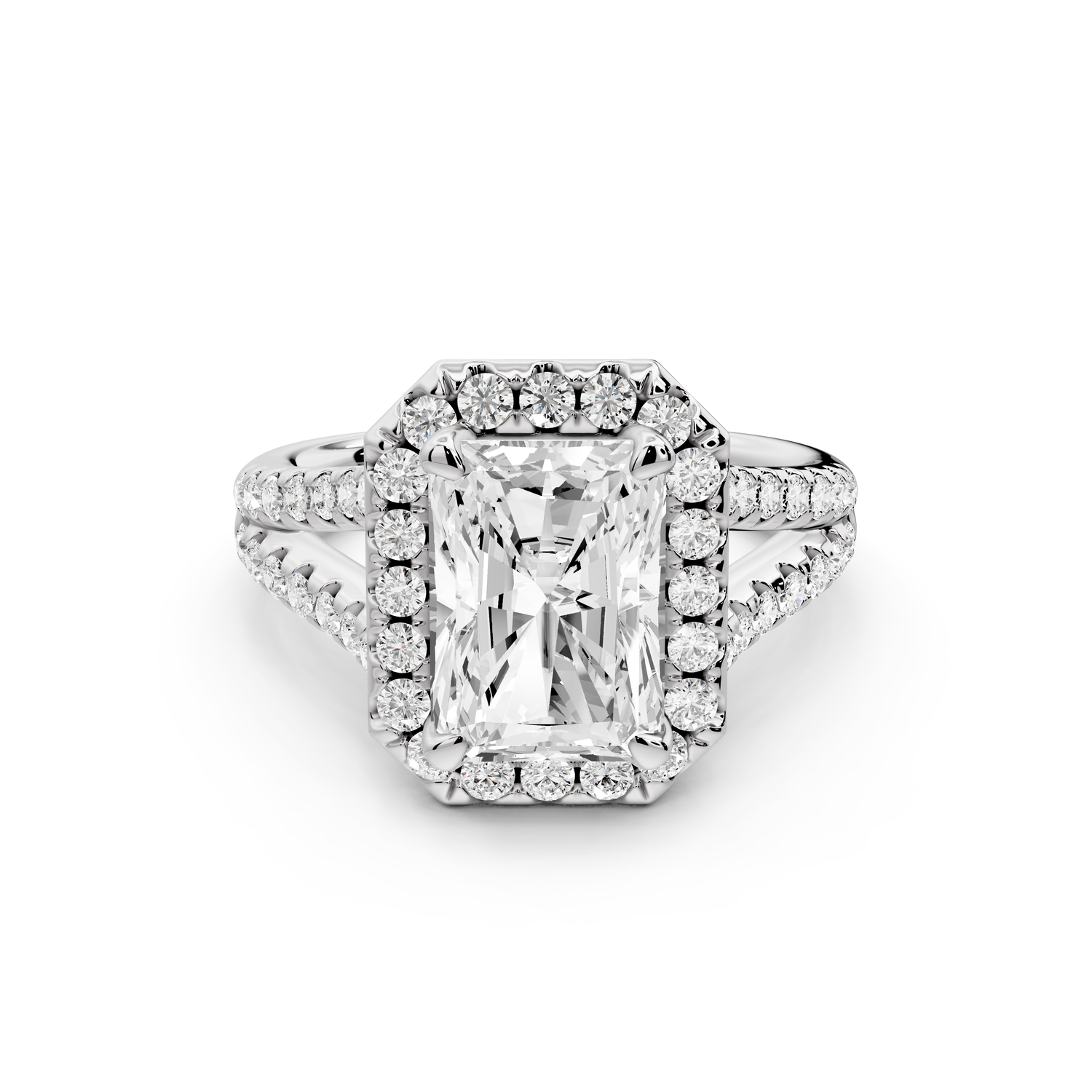 Gabrielle - 3ct 14k white gold emerald Diamond Graduated Halo Pavé Split Shank Engagement Ring
