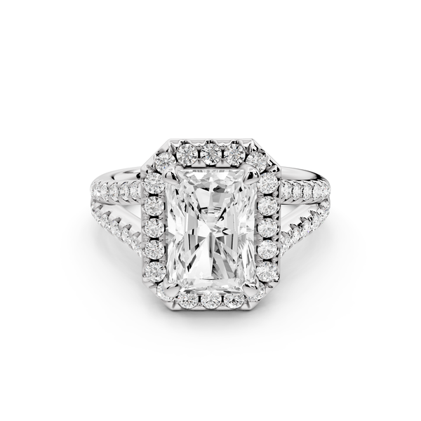 Gabrielle - 3ct 14k white gold emerald Diamond Graduated Halo Pavé Split Shank Engagement Ring