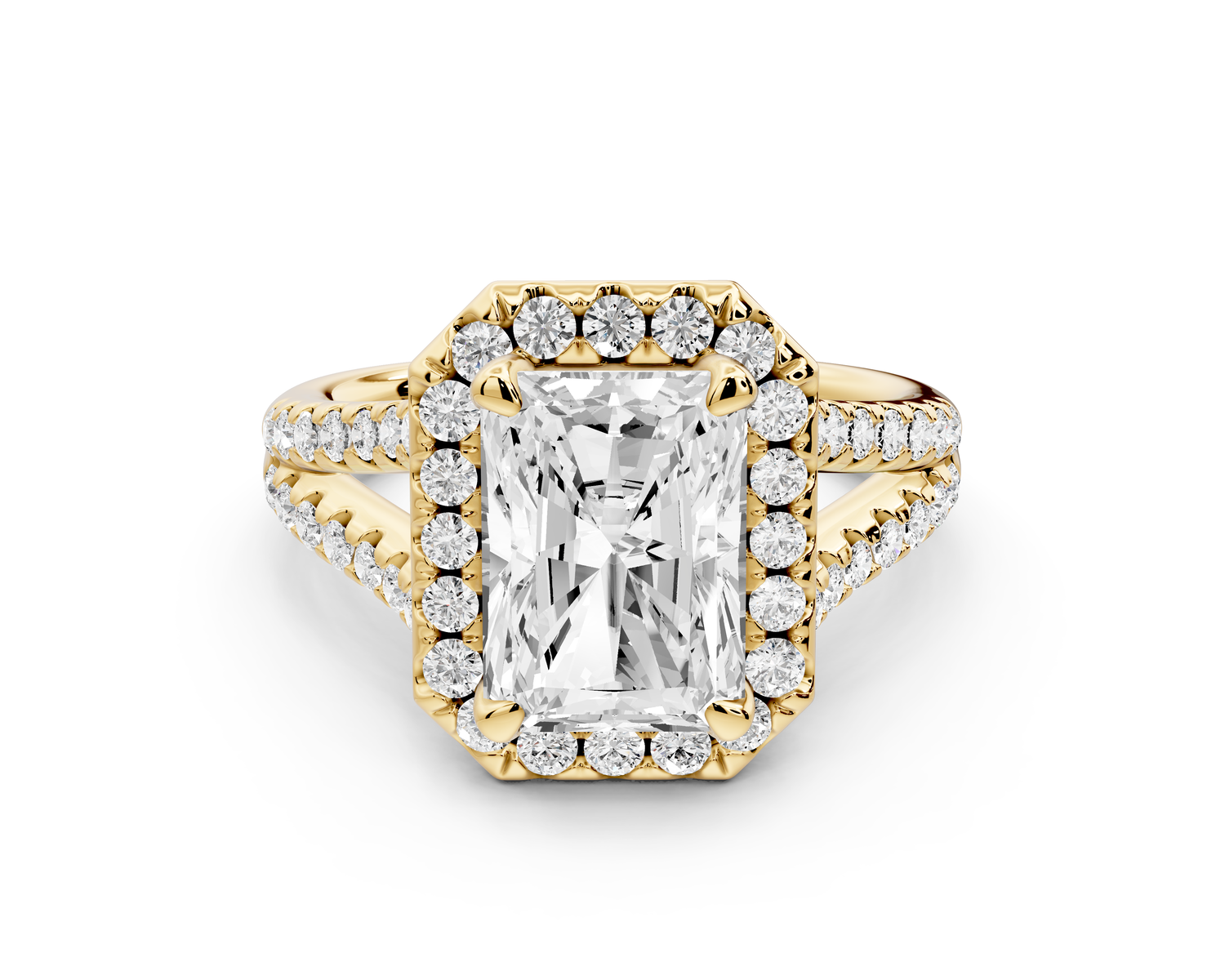 Gabrielle - 3ct 14k yellow gold emerald Diamond Graduated Halo Pavé Split Shank Engagement Ring