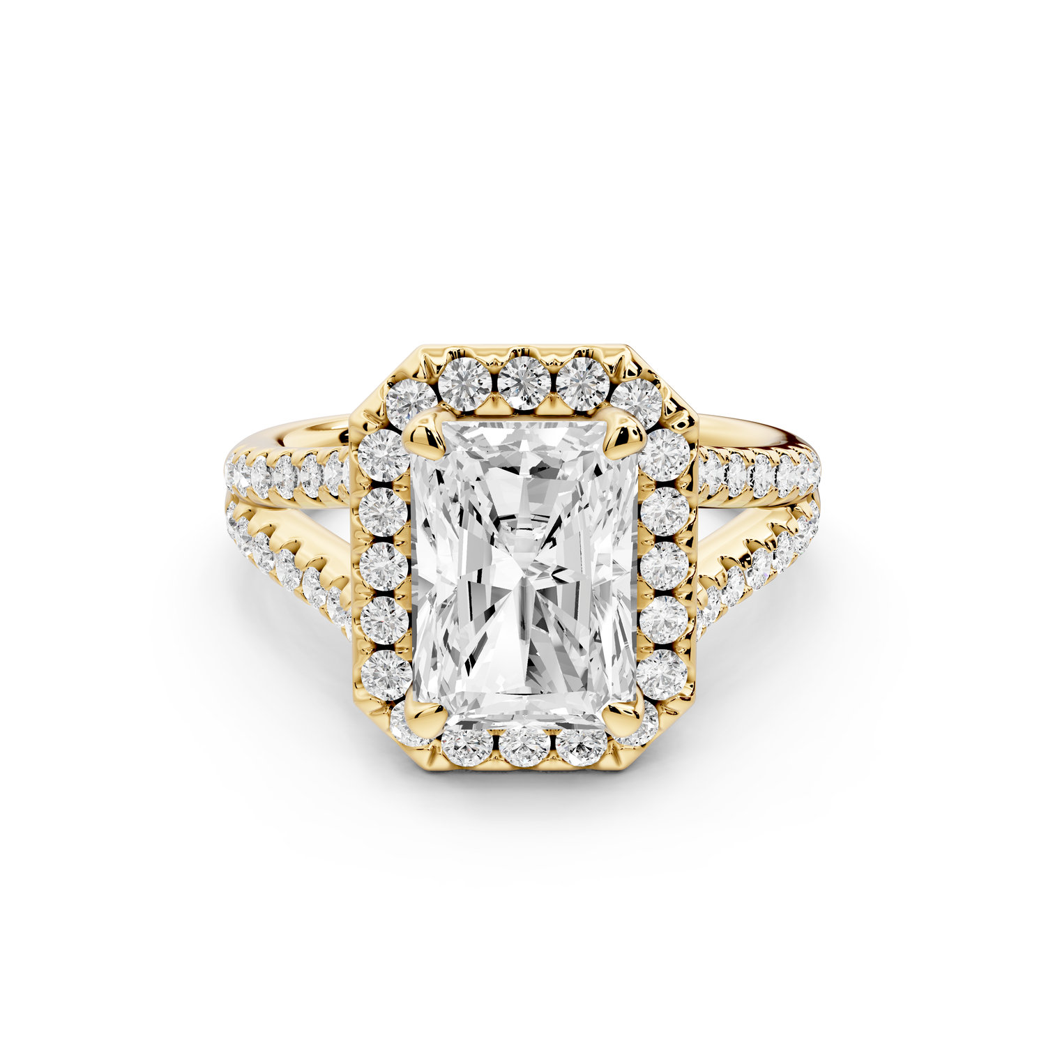 Gabrielle - 3ct 14k yellow gold emerald Diamond Graduated Halo Pavé Split Shank Engagement Ring