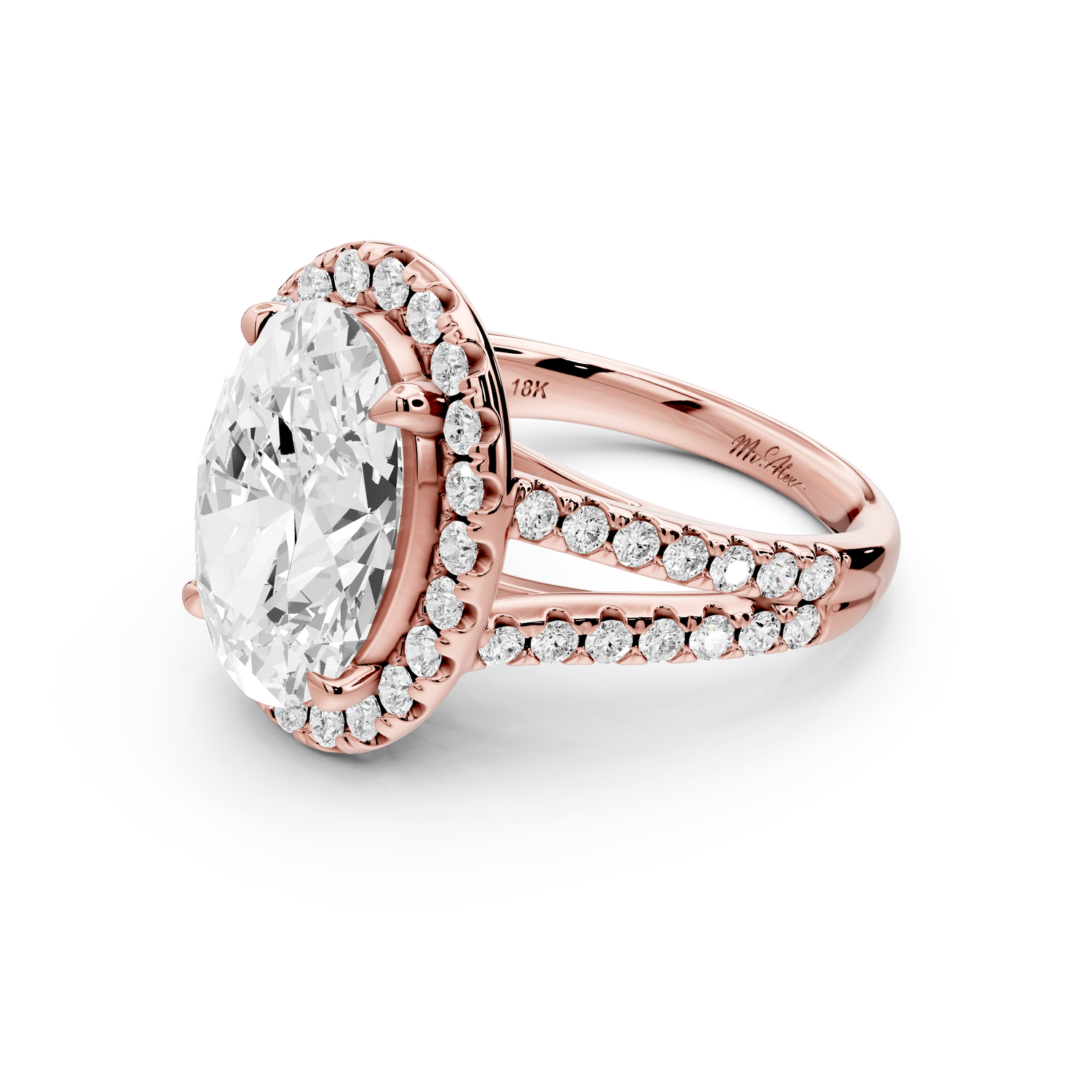 Gabrielle - 3ct 14k rose gold oval Diamond Graduated Halo Pavé Split Shank Engagement Ring