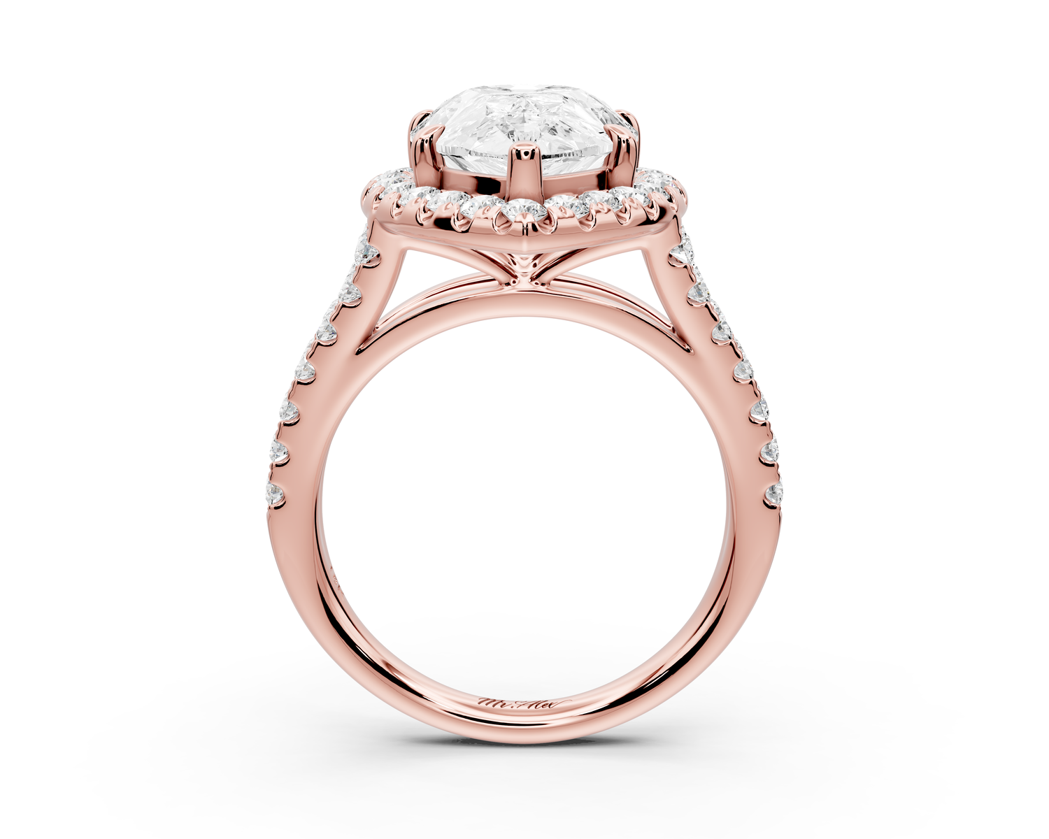 Gabrielle - 3ct 14k rose gold pear Diamond Graduated Halo Pavé Split Shank Engagement Ring