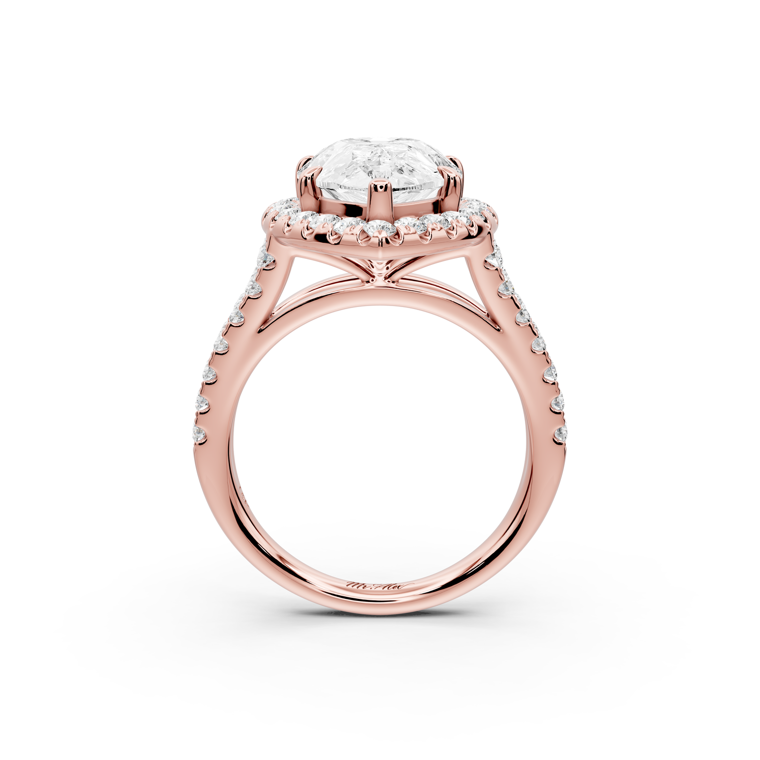 Gabrielle - 3ct 14k rose gold pear Diamond Graduated Halo Pavé Split Shank Engagement Ring