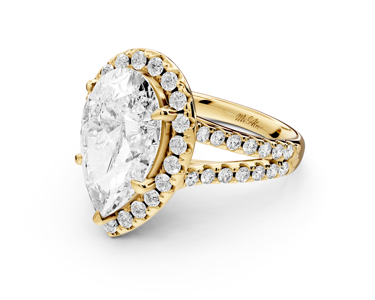 Gabrielle - 3ct 14k yellow gold pear Diamond Graduated Halo Pavé Split Shank Engagement Ring