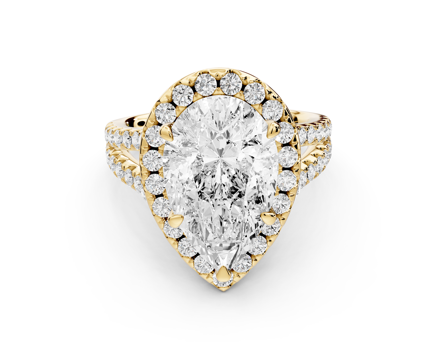 Gabrielle - 3ct 14k yellow gold pear Diamond Graduated Halo Pavé Split Shank Engagement Ring