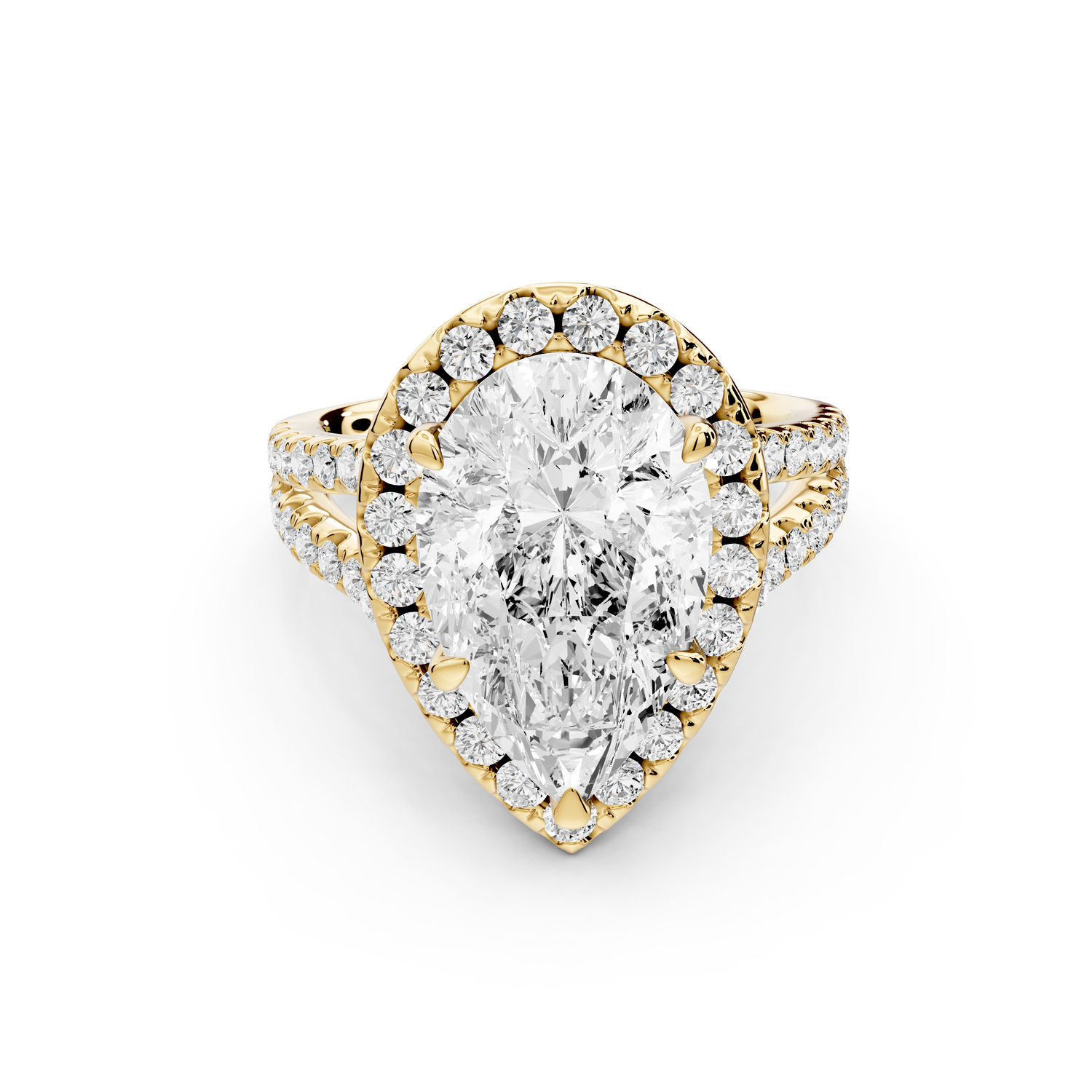 Gabrielle - 3ct 14k yellow gold pear Diamond Graduated Halo Pavé Split Shank Engagement Ring