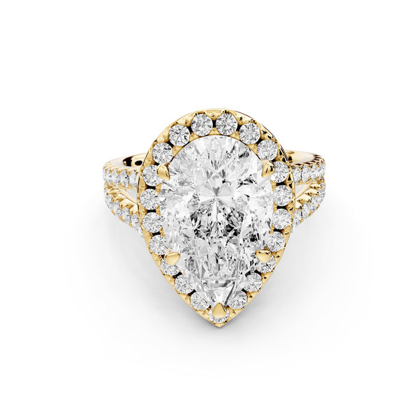 Gabrielle - 3ct 14k yellow gold pear Diamond Graduated Halo Pavé Split Shank Engagement Ring