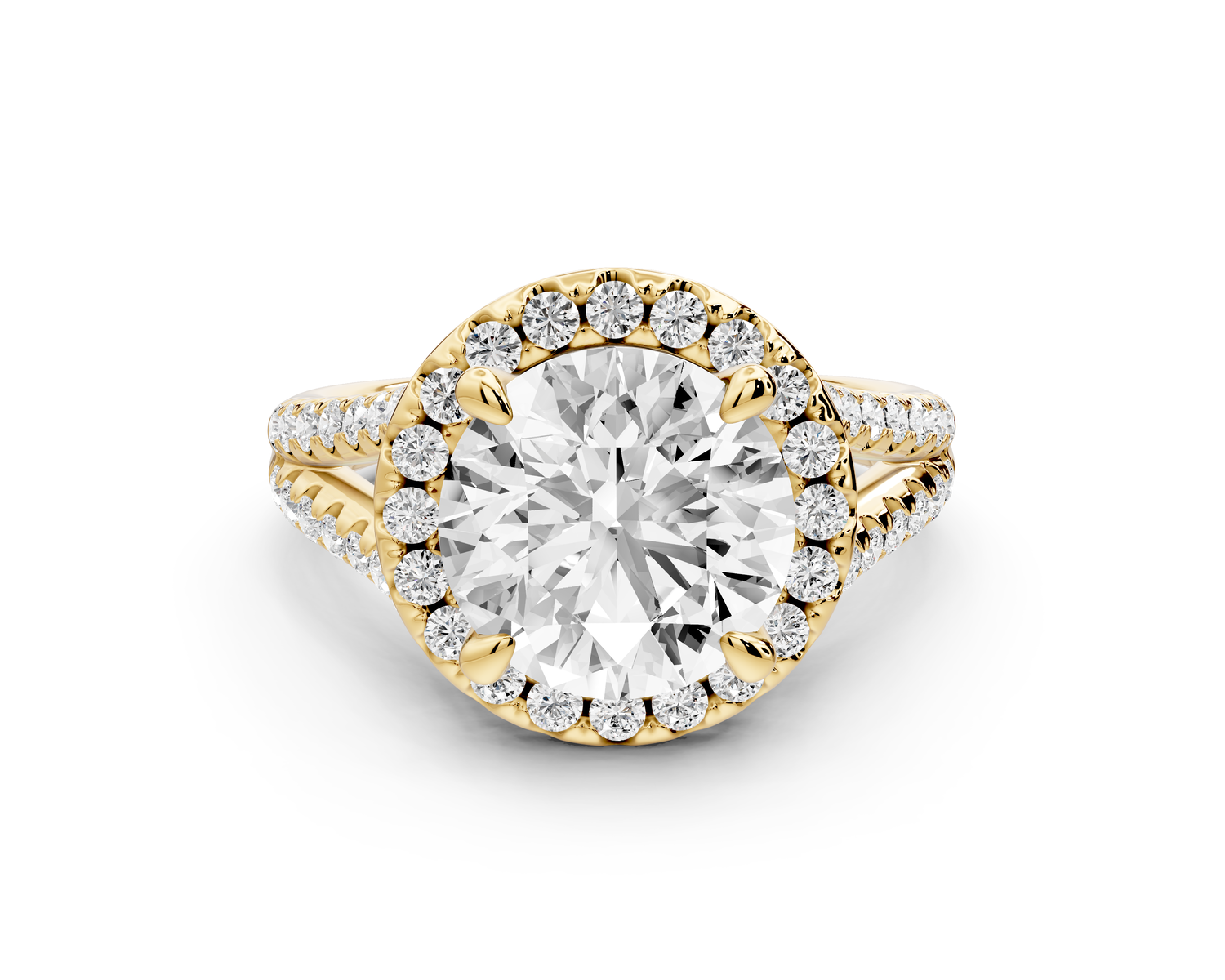 Gabrielle - 3ct 14k yellow gold round Diamond Graduated Halo Pavé Split Shank Engagement Ring
