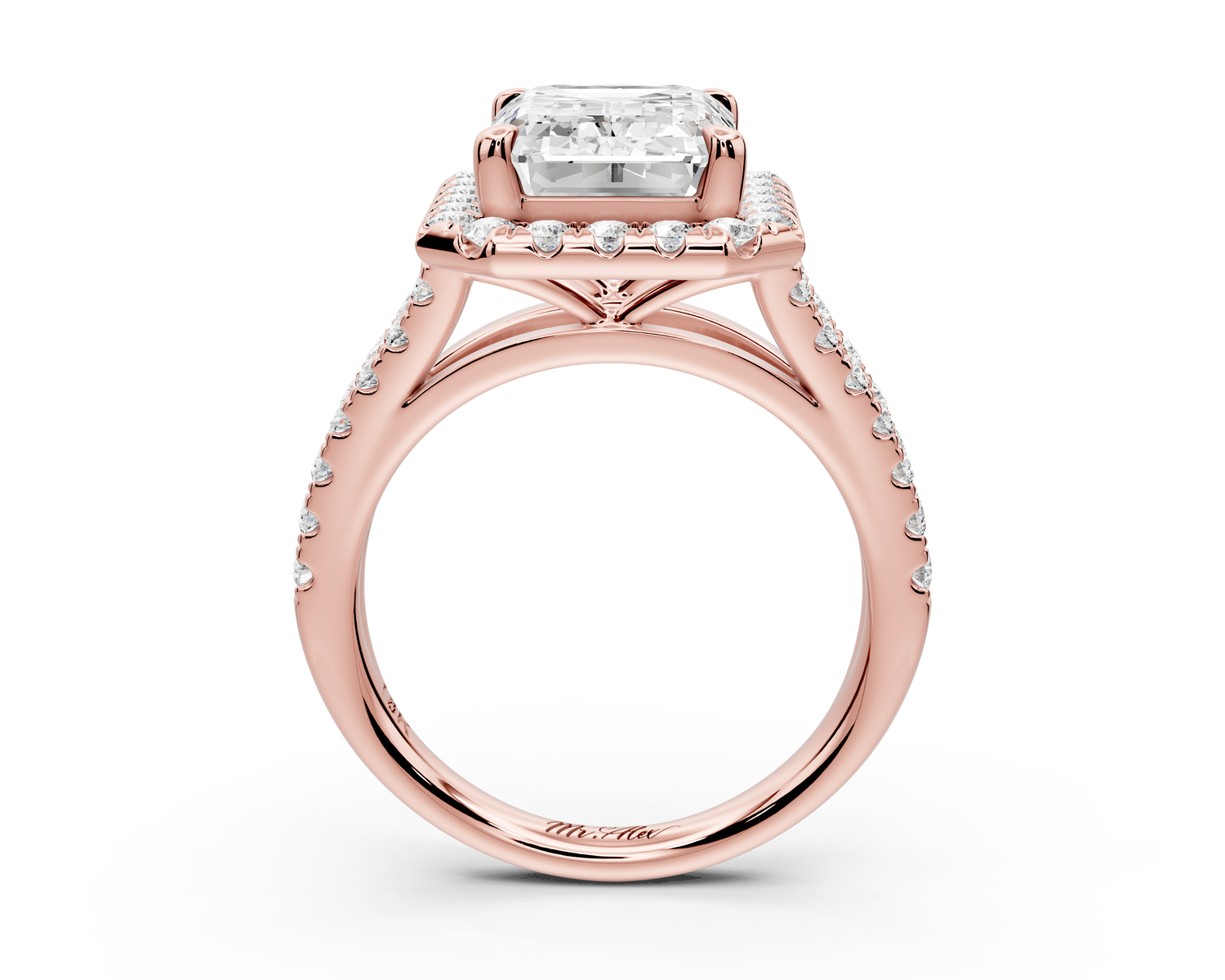 Gabrielle - 4ct 14k rose gold emerald Diamond Graduated Halo Pavé Split Shank Engagement Ring