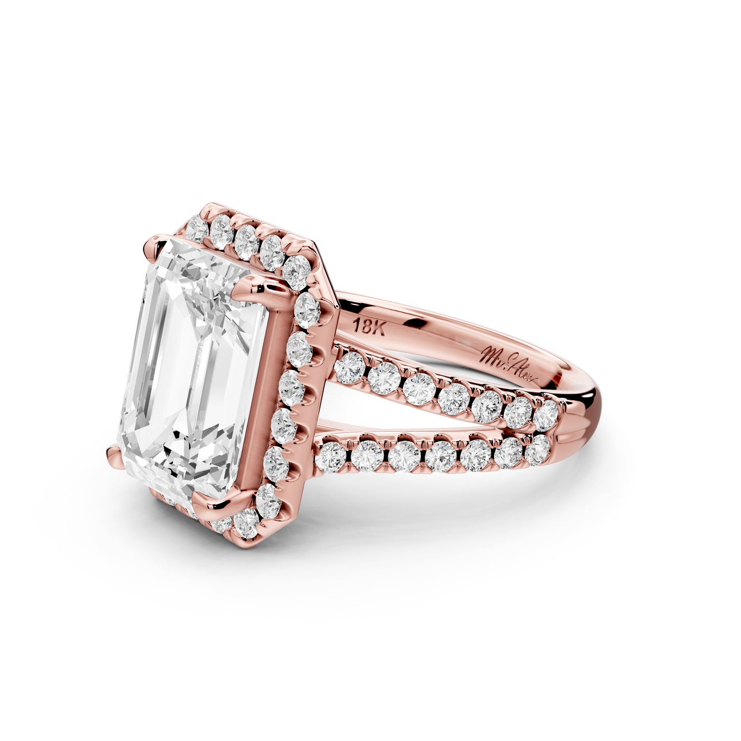 Gabrielle - 4ct 14k rose gold emerald Diamond Graduated Halo Pavé Split Shank Engagement Ring