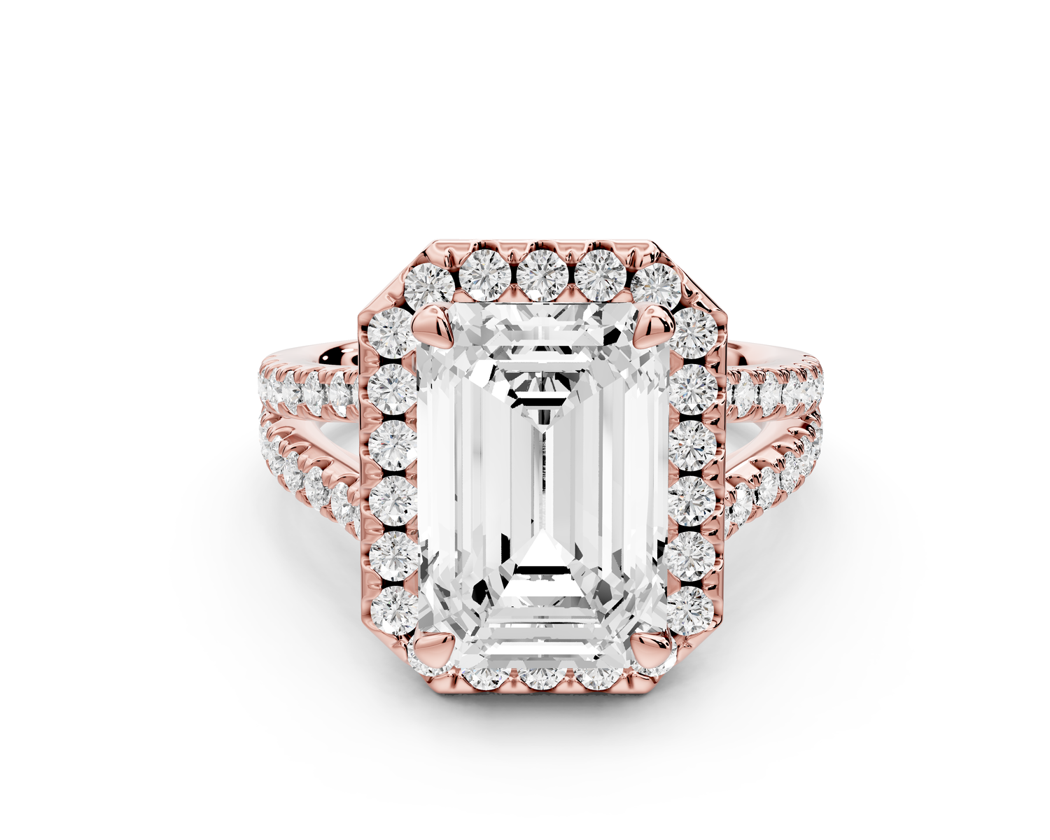 Gabrielle - 4ct 14k rose gold emerald Diamond Graduated Halo Pavé Split Shank Engagement Ring