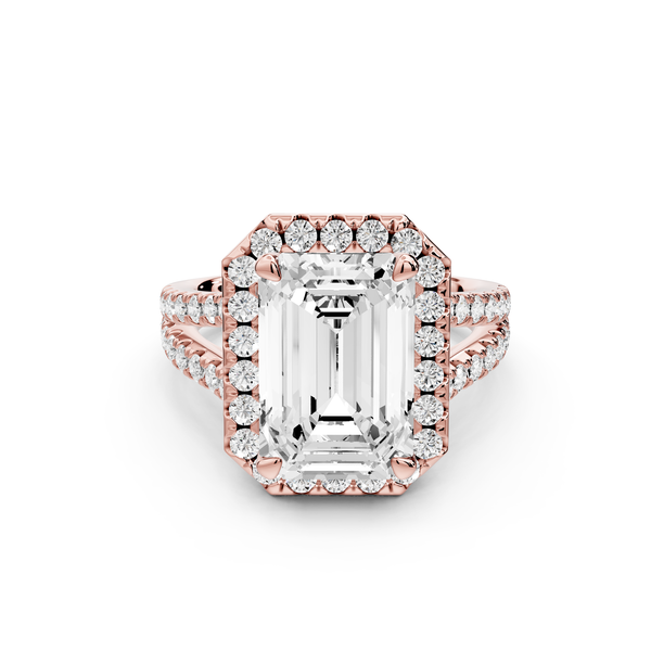 Gabrielle - 4ct 14k rose gold emerald Diamond Graduated Halo Pavé Split Shank Engagement Ring