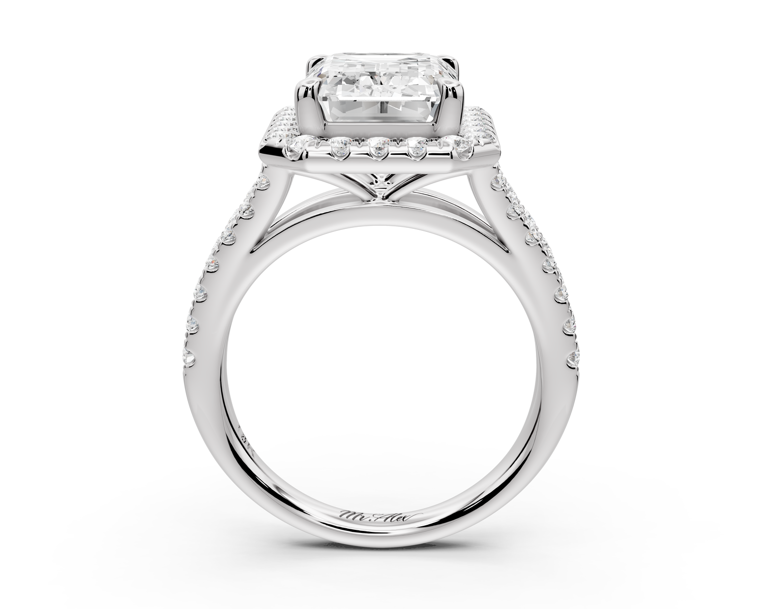 Gabrielle - 4ct 14k white gold emerald Diamond Graduated Halo Pavé Split Shank Engagement Ring