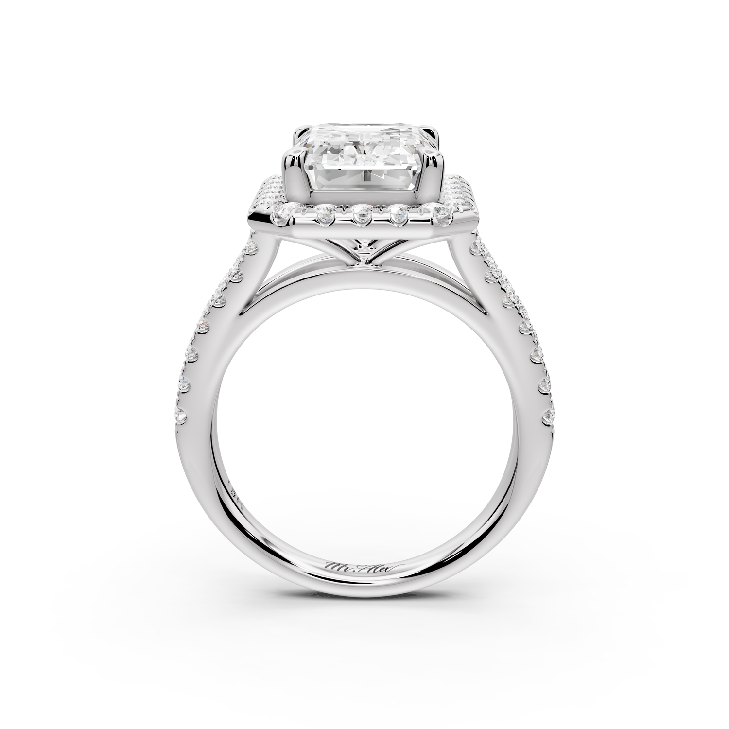Gabrielle - 4ct 14k white gold emerald Diamond Graduated Halo Pavé Split Shank Engagement Ring