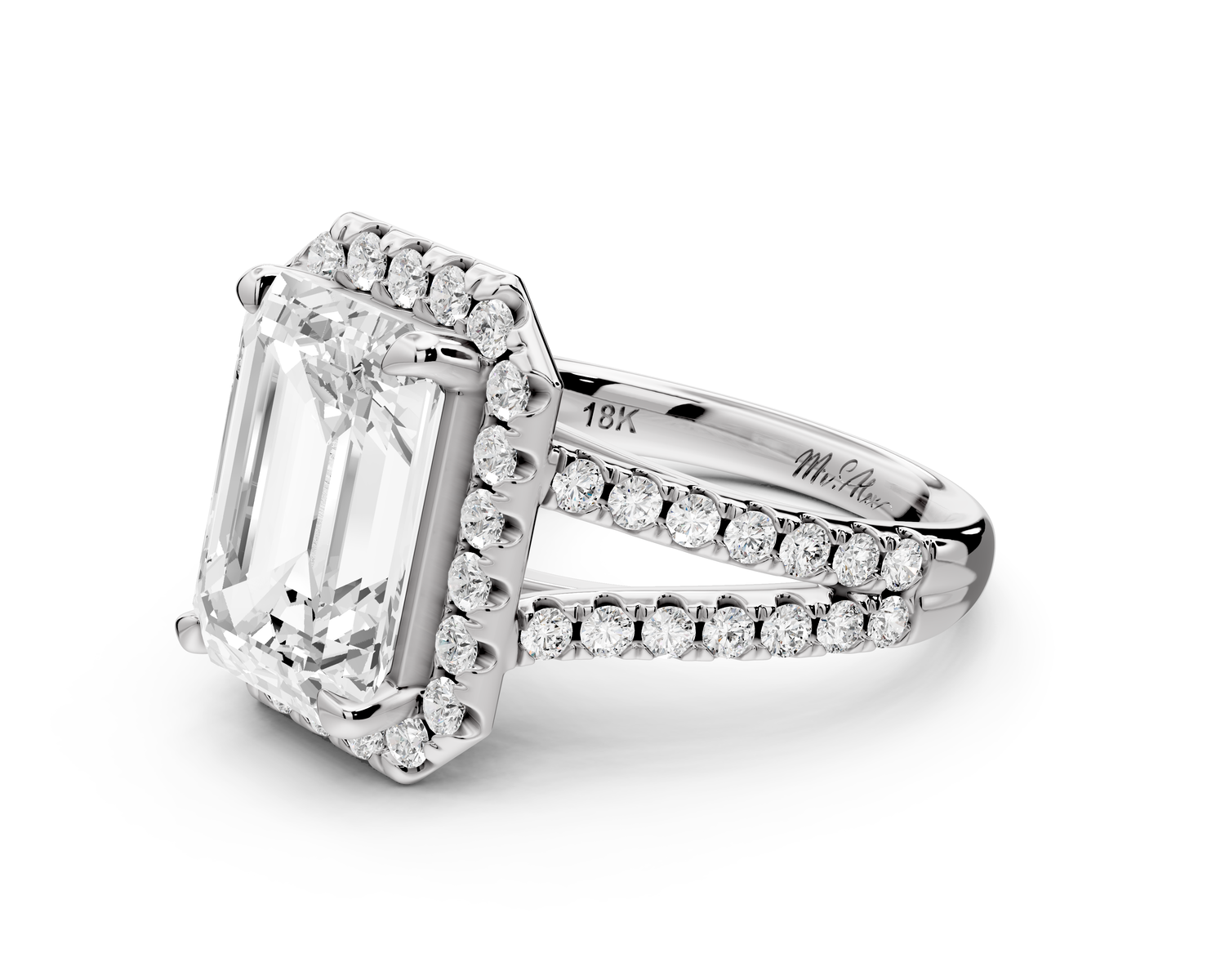 Gabrielle - 4ct 14k white gold emerald Diamond Graduated Halo Pavé Split Shank Engagement Ring