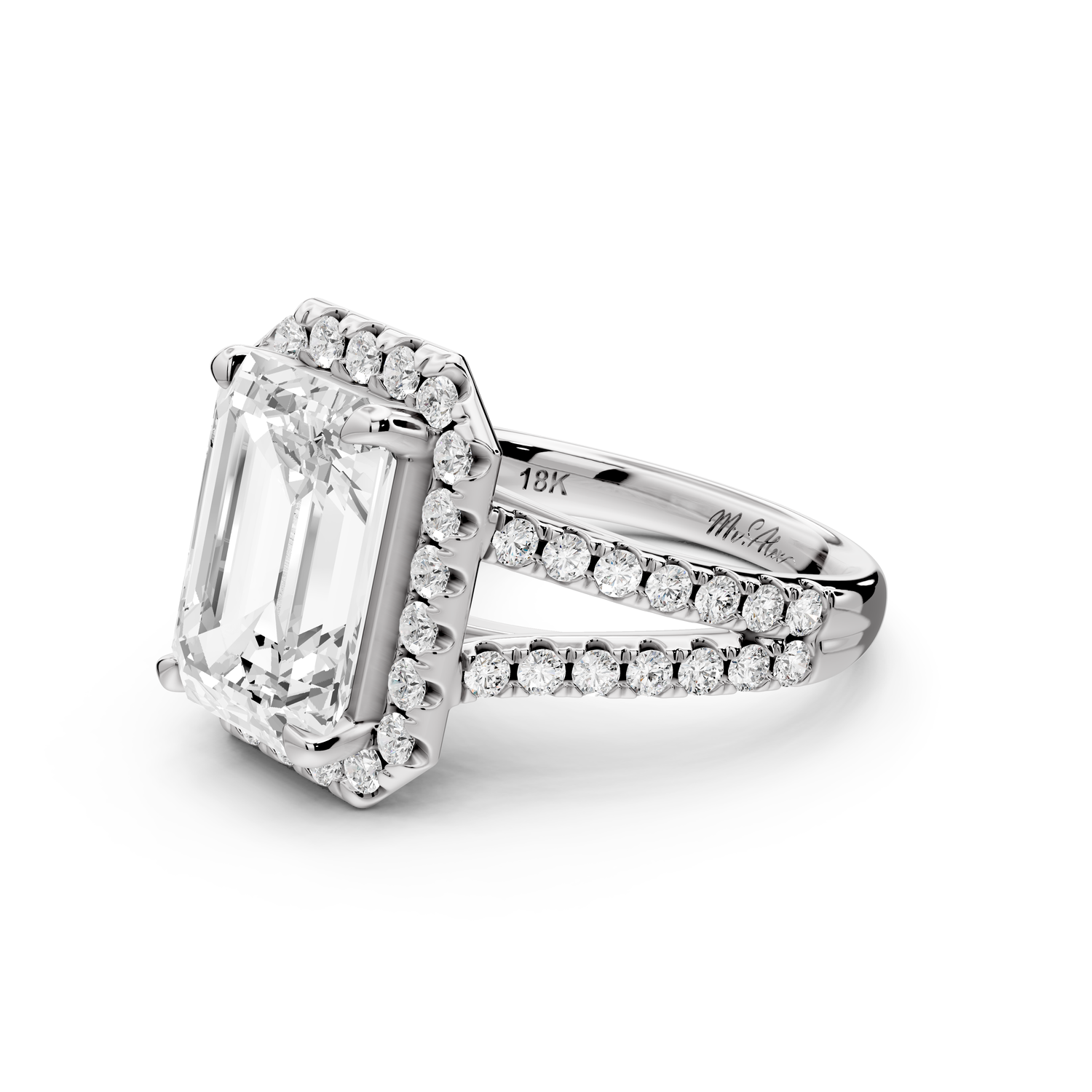 Gabrielle - 4ct 14k white gold emerald Diamond Graduated Halo Pavé Split Shank Engagement Ring
