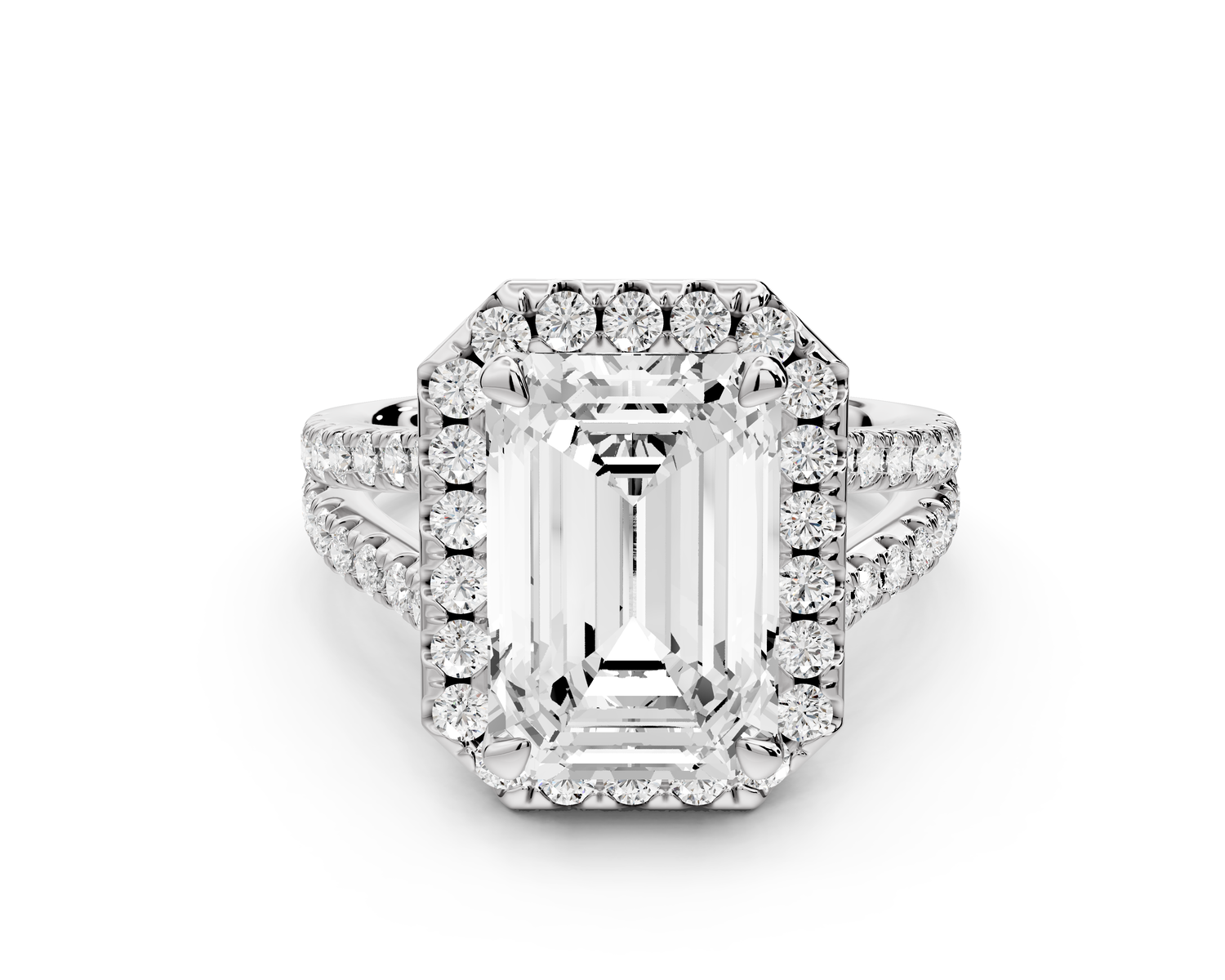 Gabrielle - 4ct 14k white gold emerald Diamond Graduated Halo Pavé Split Shank Engagement Ring