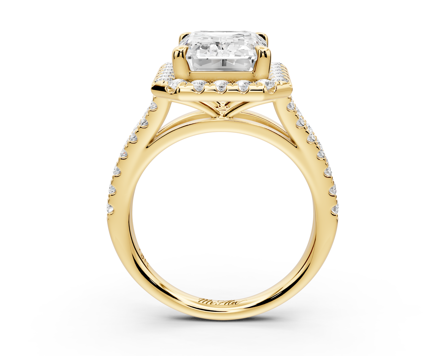 Gabrielle - 4ct 14k yellow gold emerald Diamond Graduated Halo Pavé Split Shank Engagement Ring
