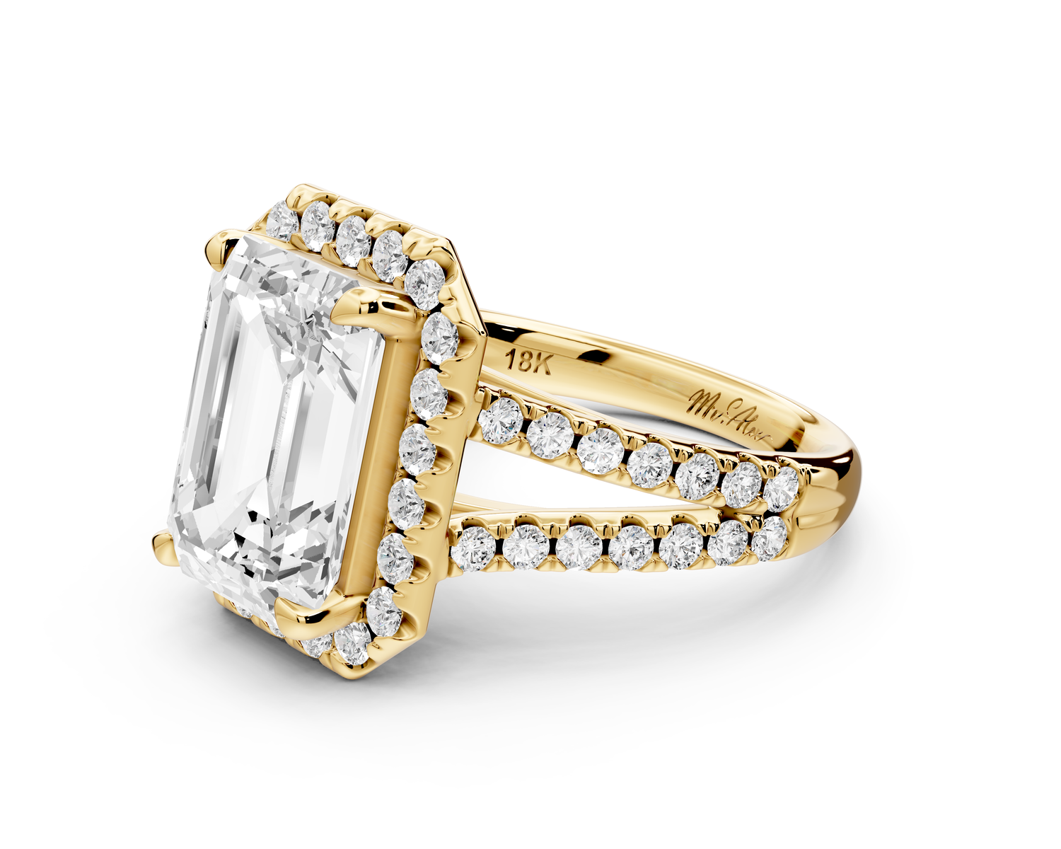 Gabrielle - 4ct 14k yellow gold emerald Diamond Graduated Halo Pavé Split Shank Engagement Ring