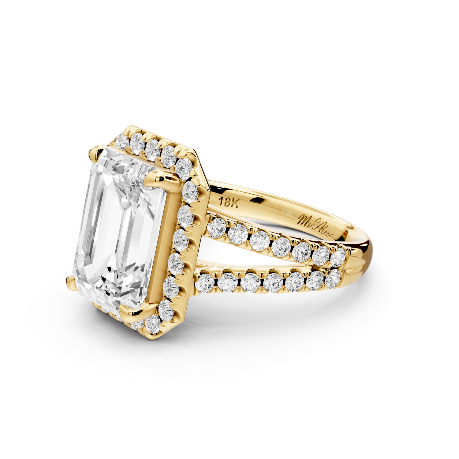 Gabrielle - 4ct 14k yellow gold emerald Diamond Graduated Halo Pavé Split Shank Engagement Ring