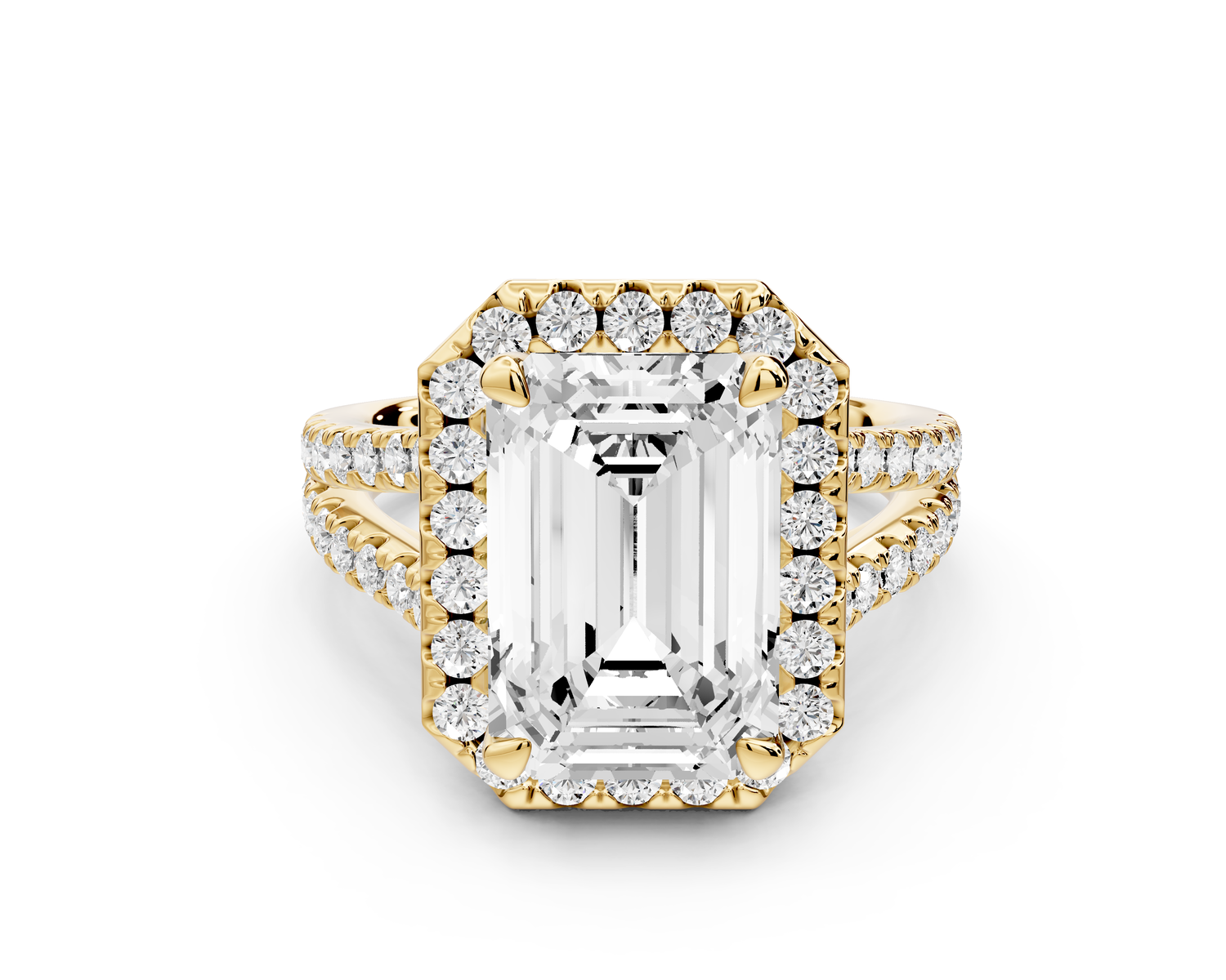 Gabrielle - 4ct 14k yellow gold emerald Diamond Graduated Halo Pavé Split Shank Engagement Ring