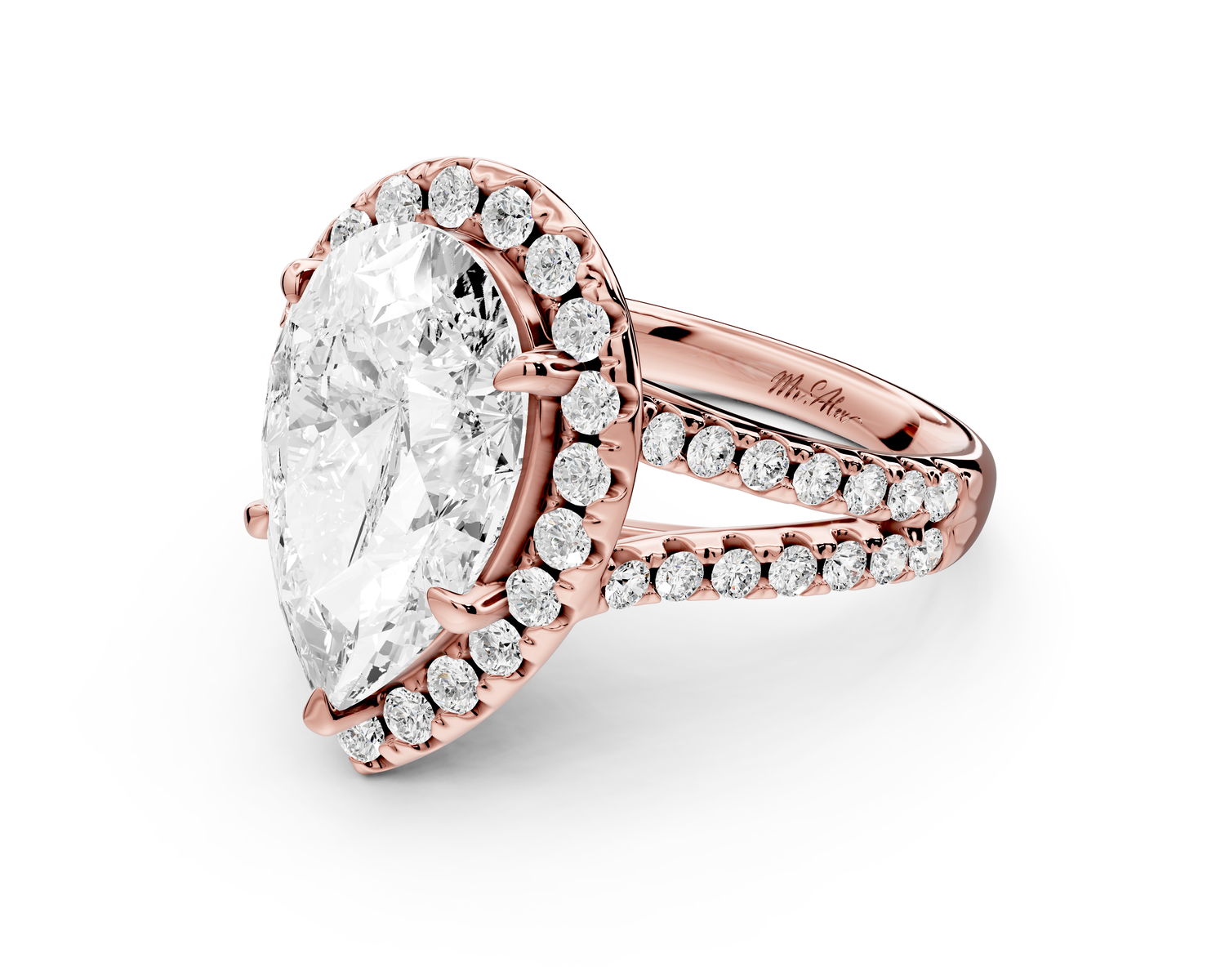 Gabrielle - 4ct 14k rose gold pear Diamond Graduated Halo Pavé Split Shank Engagement Ring