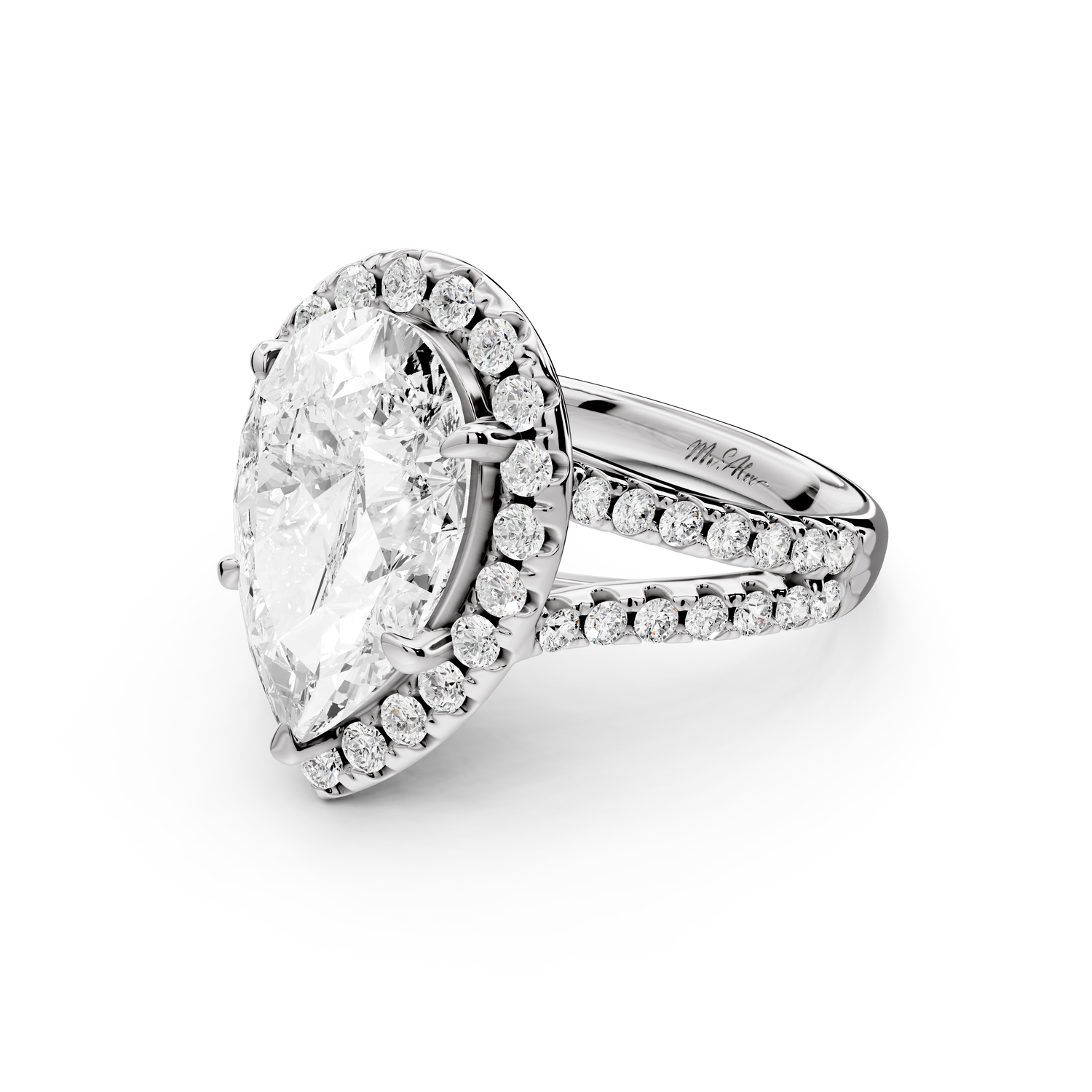Gabrielle - 4ct 14k white gold pear Diamond Graduated Halo Pavé Split Shank Engagement Ring