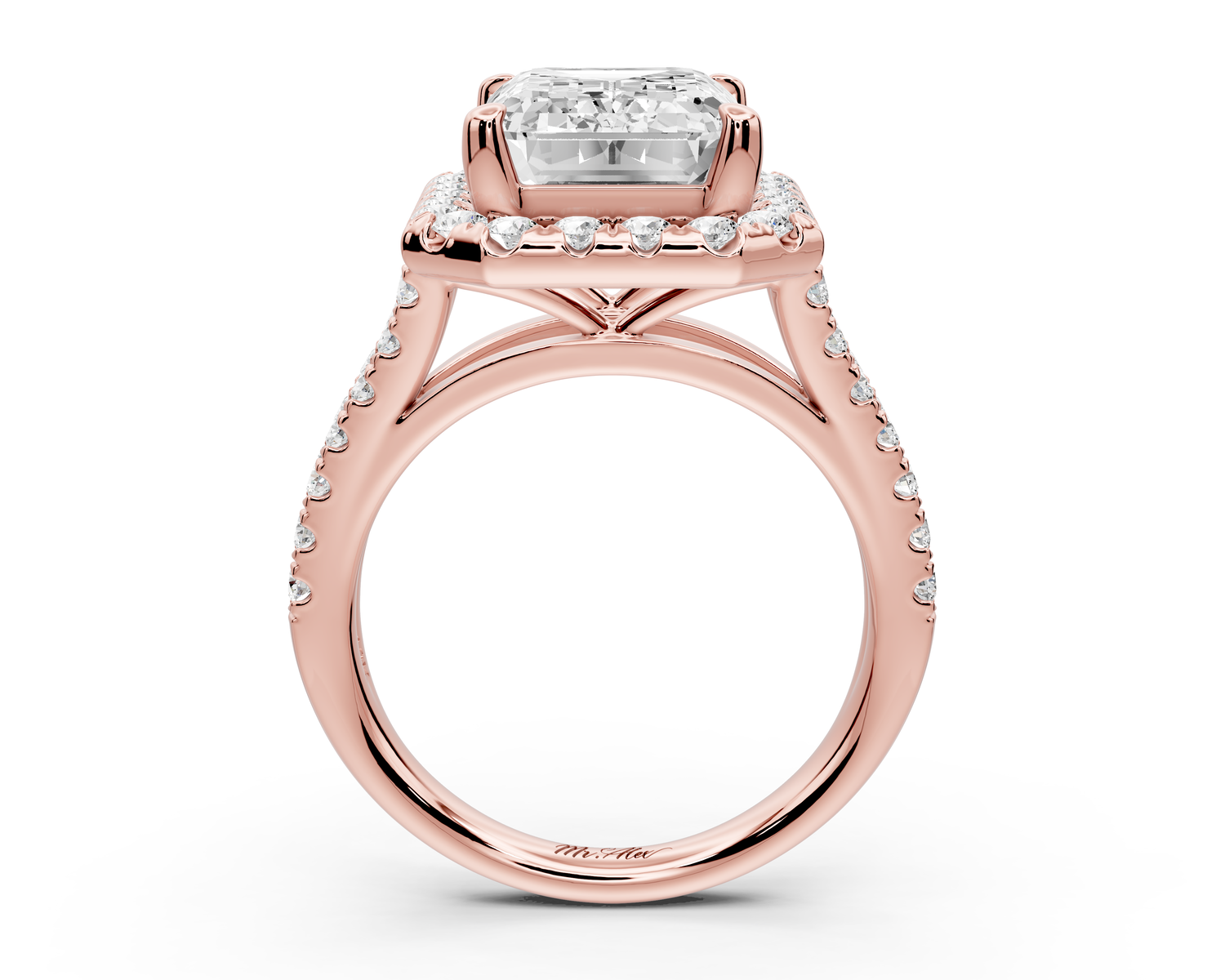 Gabrielle - 5ct 14k rose gold emerald Diamond Graduated Halo Pavé Split Shank Engagement Ring