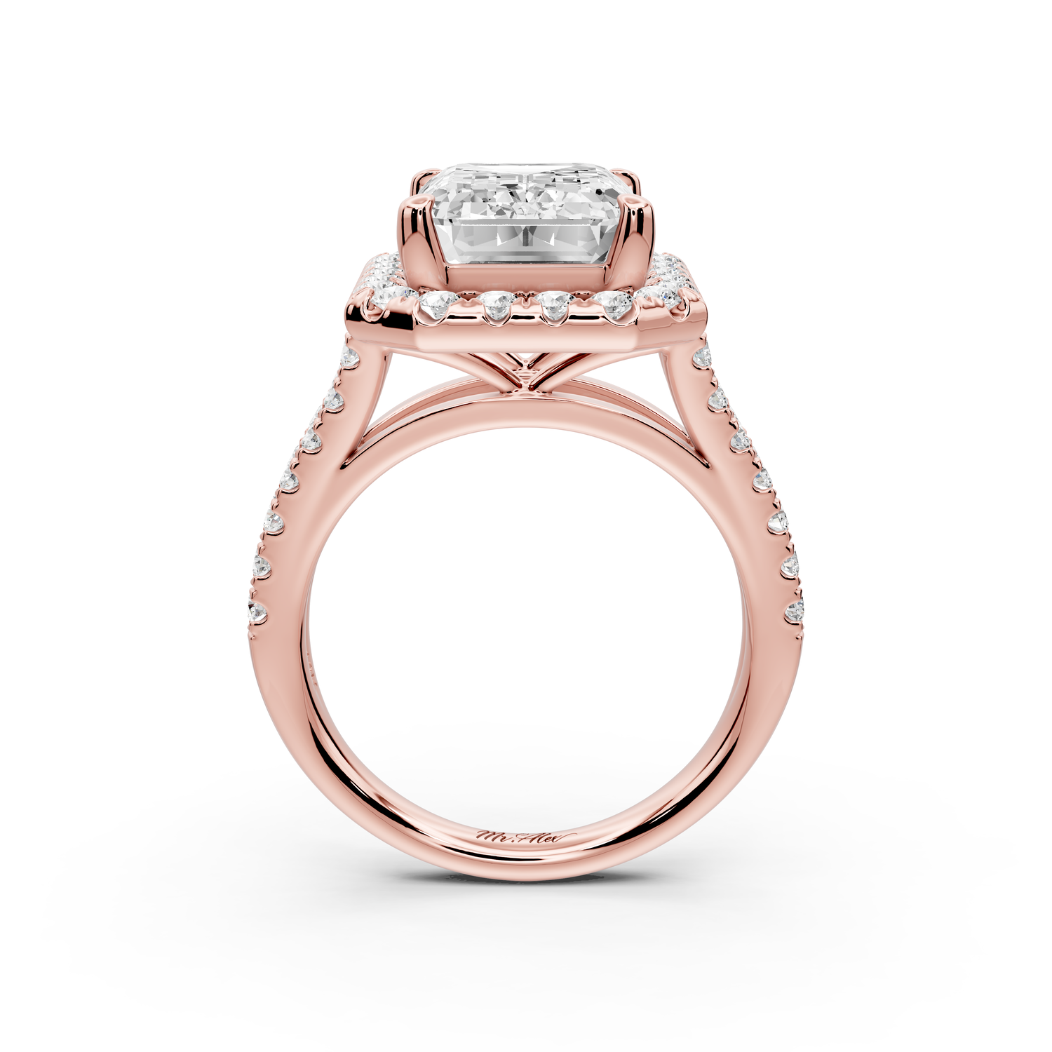 Gabrielle - 5ct 14k rose gold emerald Diamond Graduated Halo Pavé Split Shank Engagement Ring