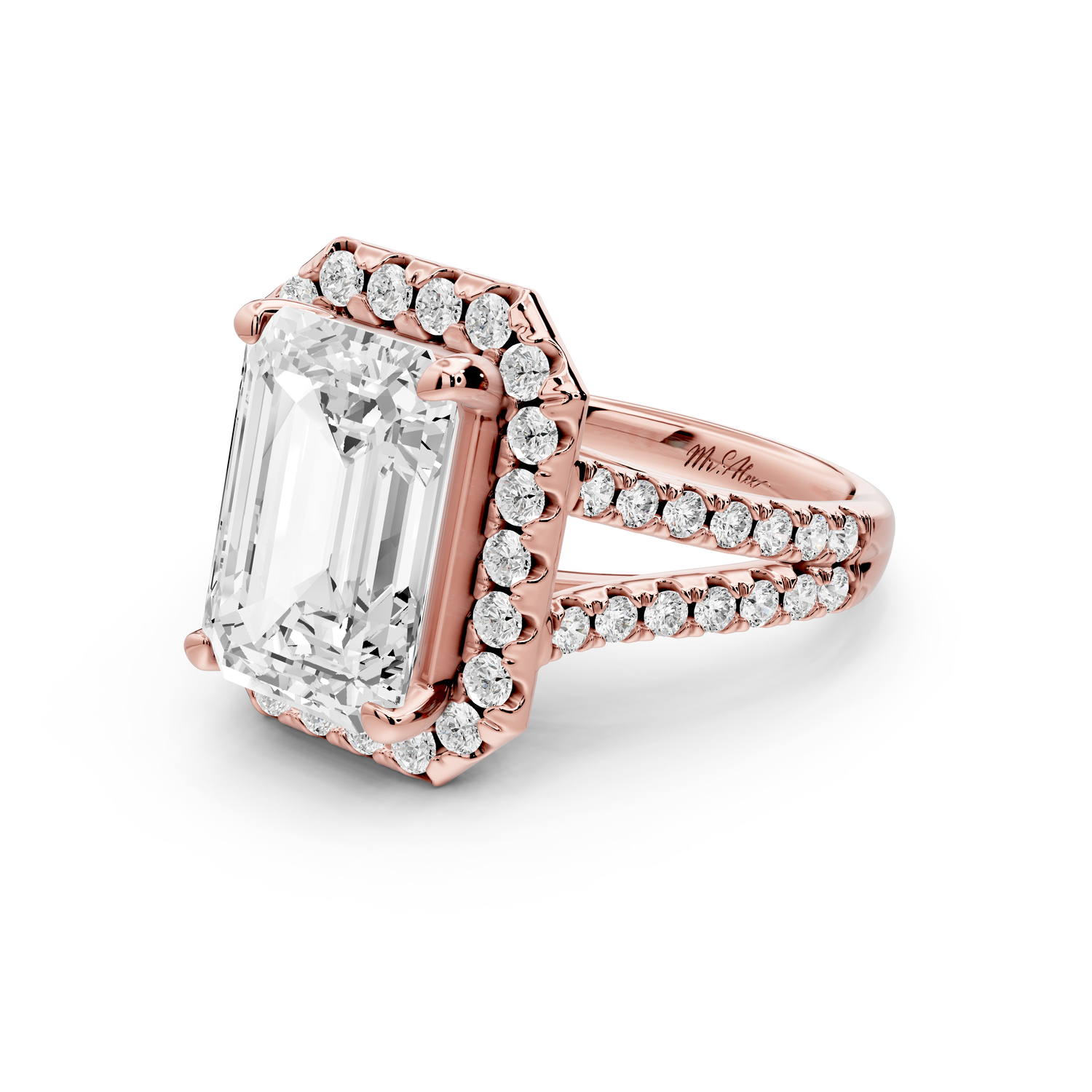 Gabrielle - 5ct 14k rose gold emerald Diamond Graduated Halo Pavé Split Shank Engagement Ring