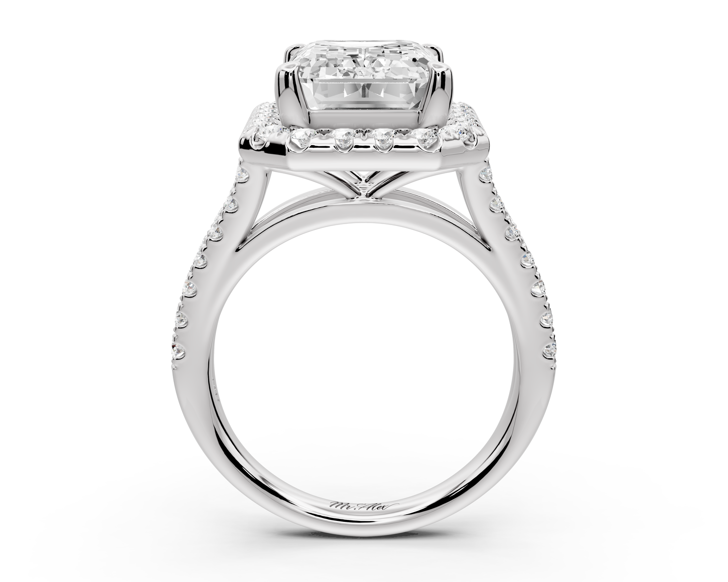 Gabrielle - 5ct 14k white gold emerald Diamond Graduated Halo Pavé Split Shank Engagement Ring