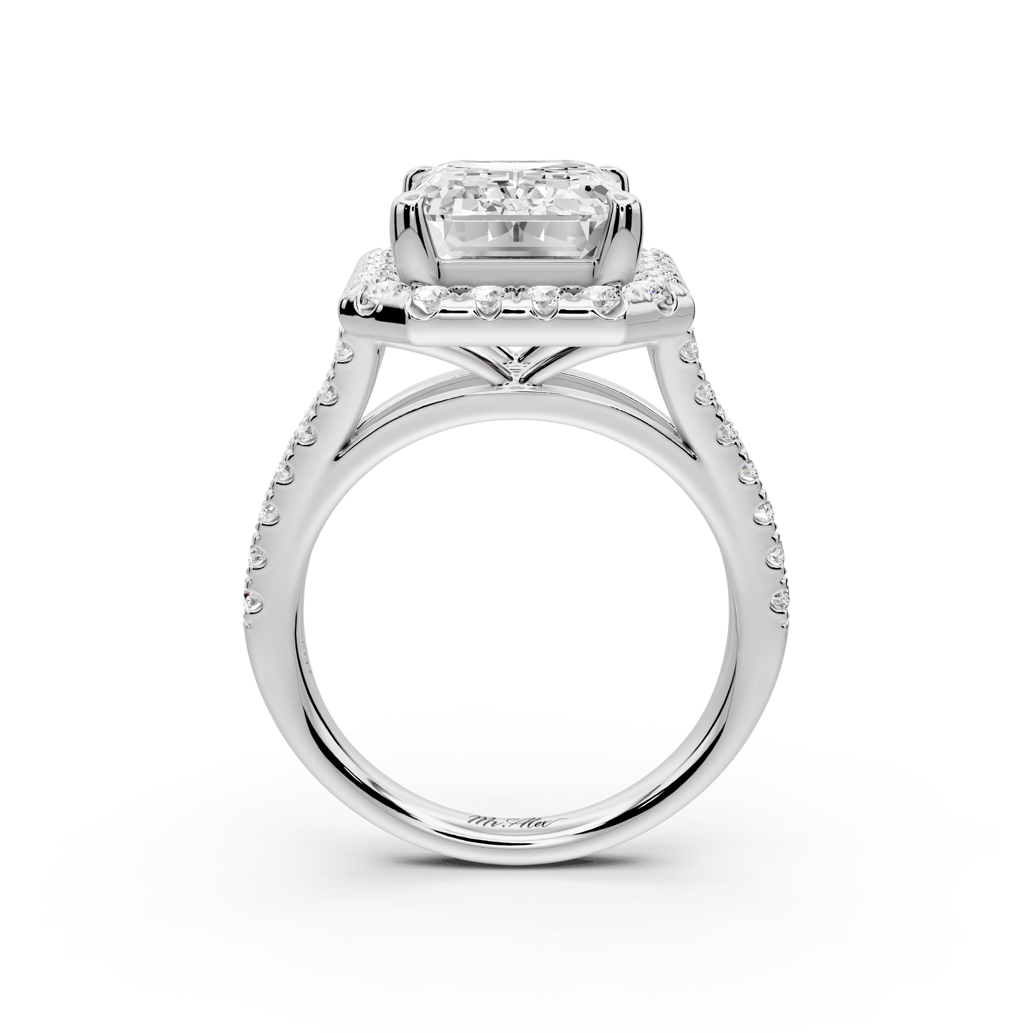 Gabrielle - 5ct 14k white gold emerald Diamond Graduated Halo Pavé Split Shank Engagement Ring