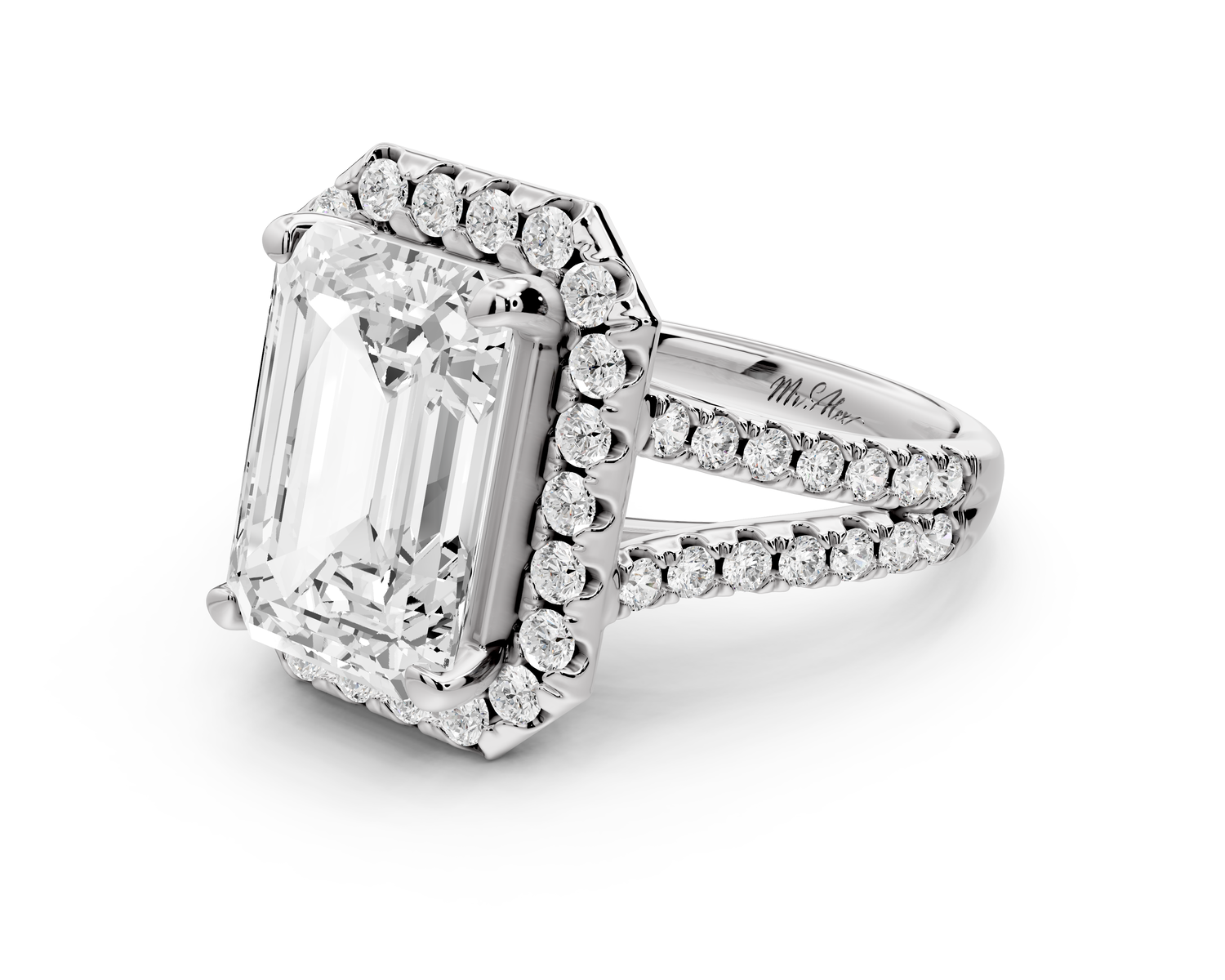 Gabrielle - 5ct 14k white gold emerald Diamond Graduated Halo Pavé Split Shank Engagement Ring